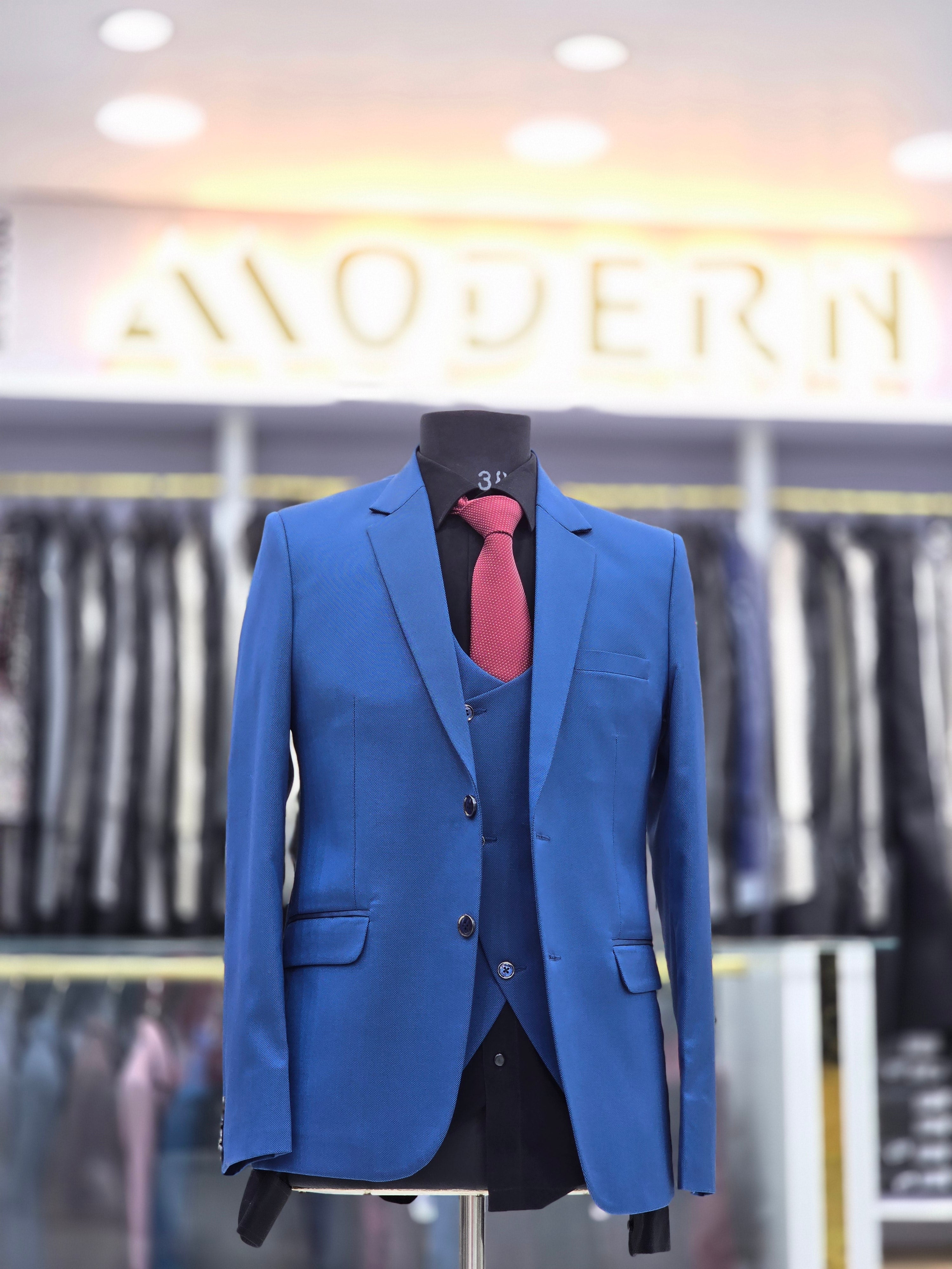 Vibrant royal blue colour formal three piece suit with pants blazer and waistcoat