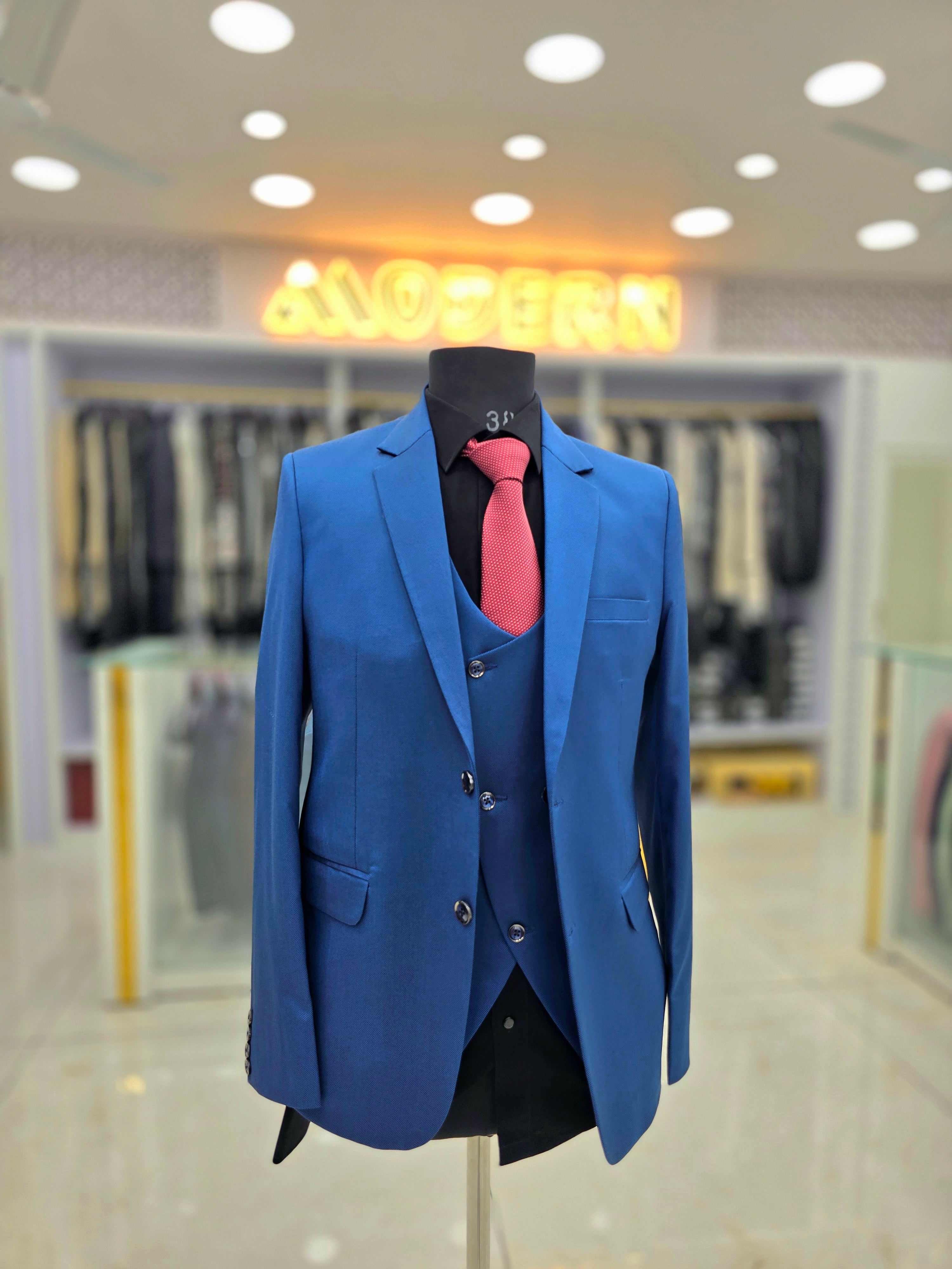 Vibrant royal blue colour formal three piece suit with pants blazer and waistcoat