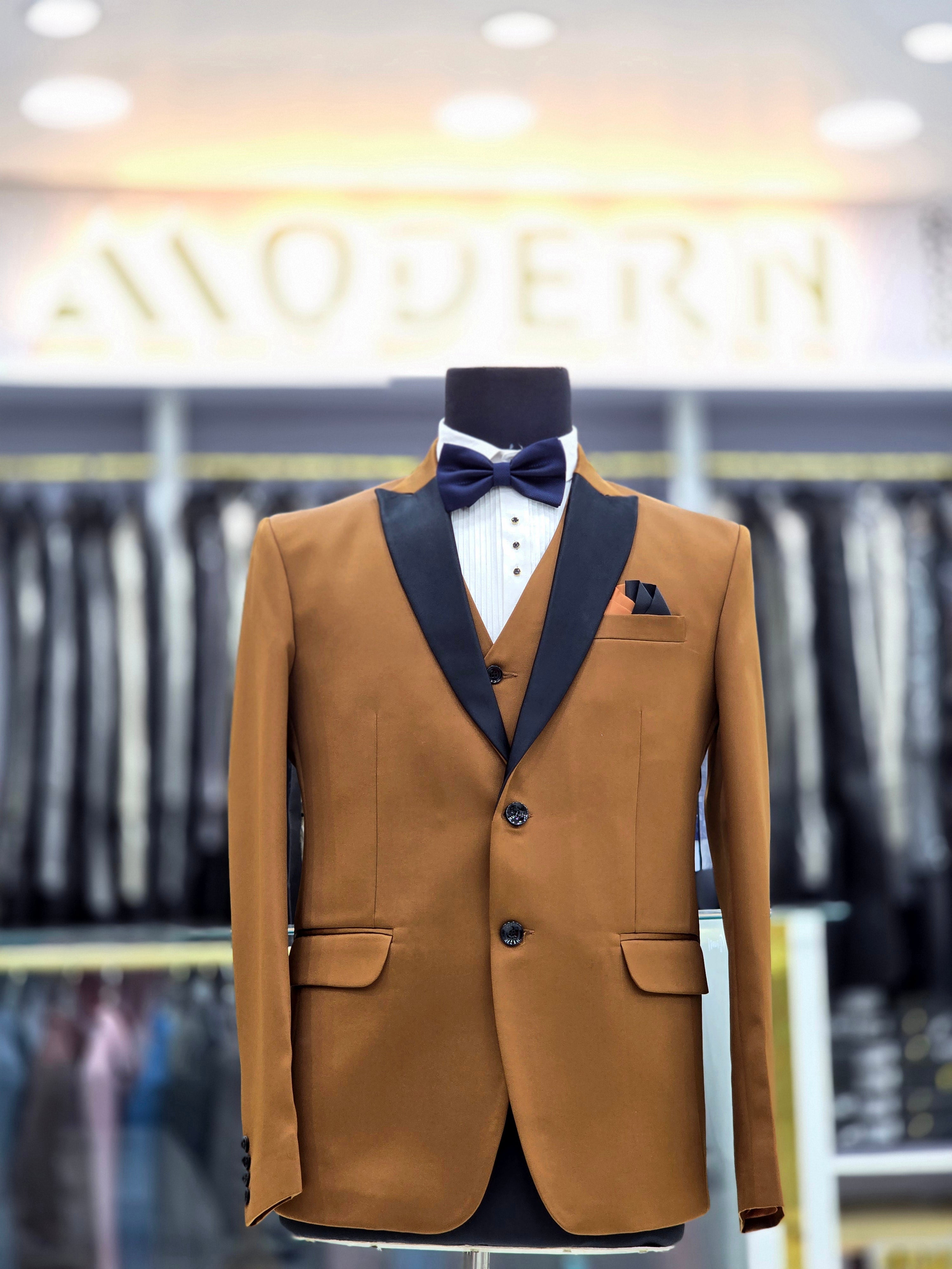 Camel coloured formal Tuxedo 3 piece with pants blazer and waistcoat