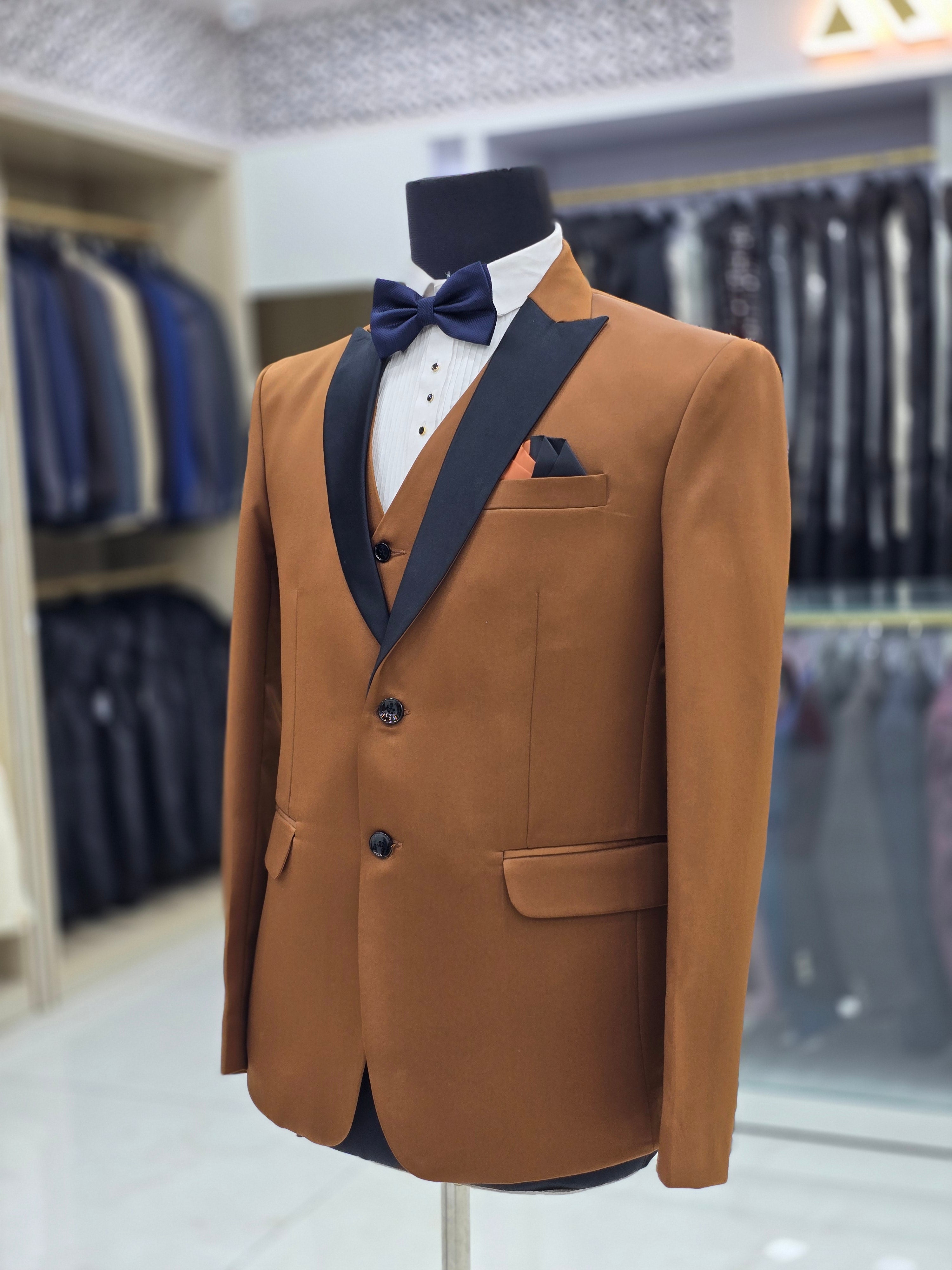 Camel coloured formal Tuxedo 3 piece with pants blazer and waistcoat