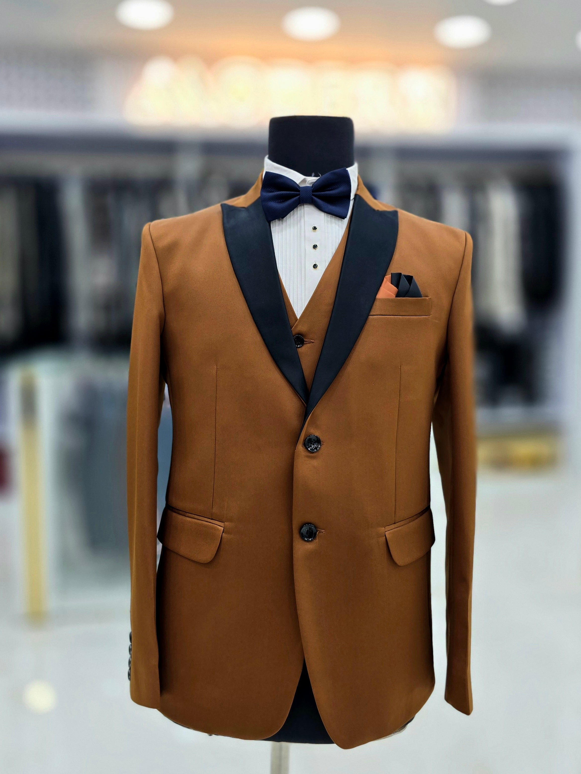 Camel coloured formal Tuxedo 3 piece with pants blazer and waistcoat