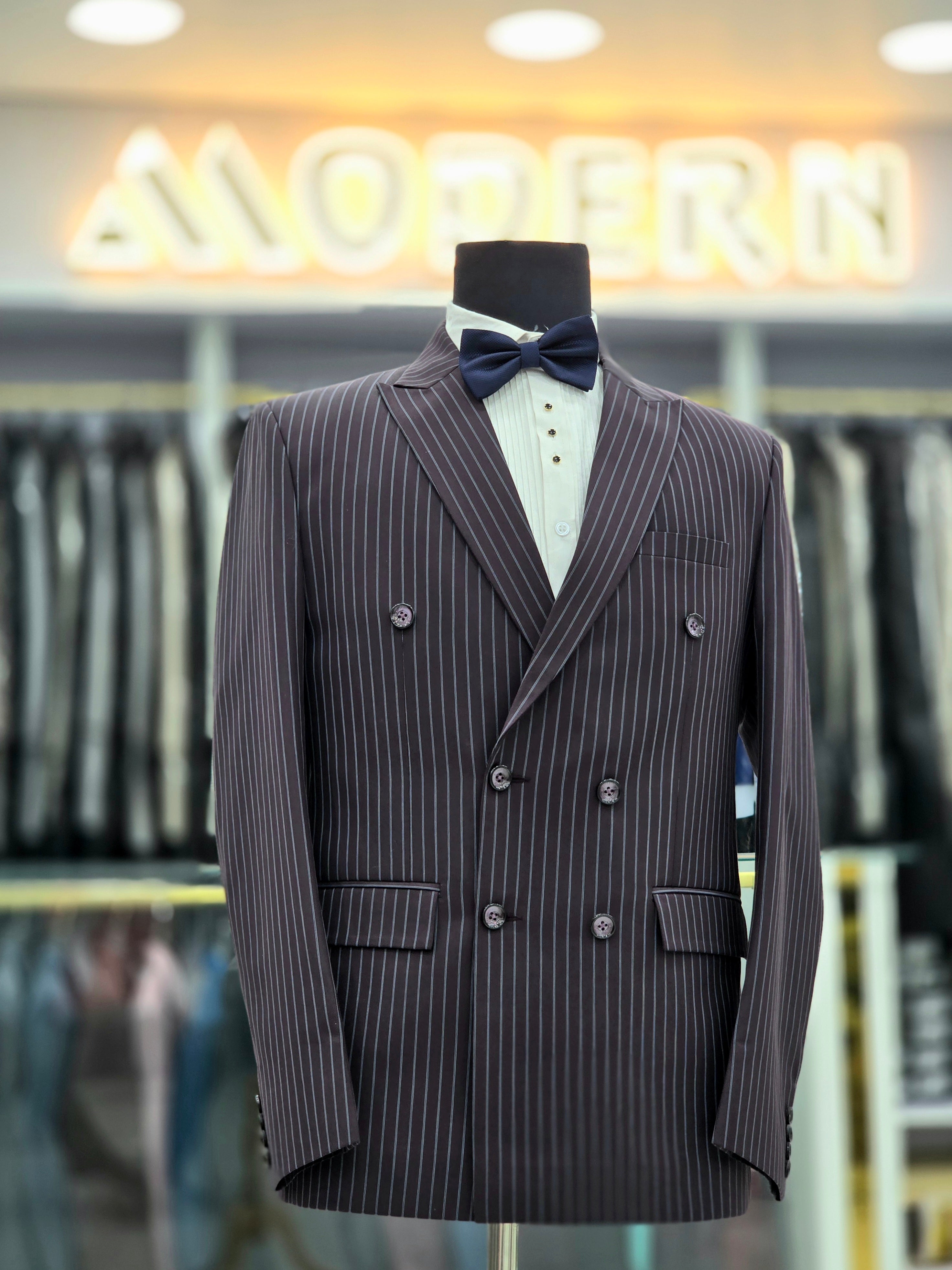 Pin striped navy blue double brest formal suit with pants and double breast blazer