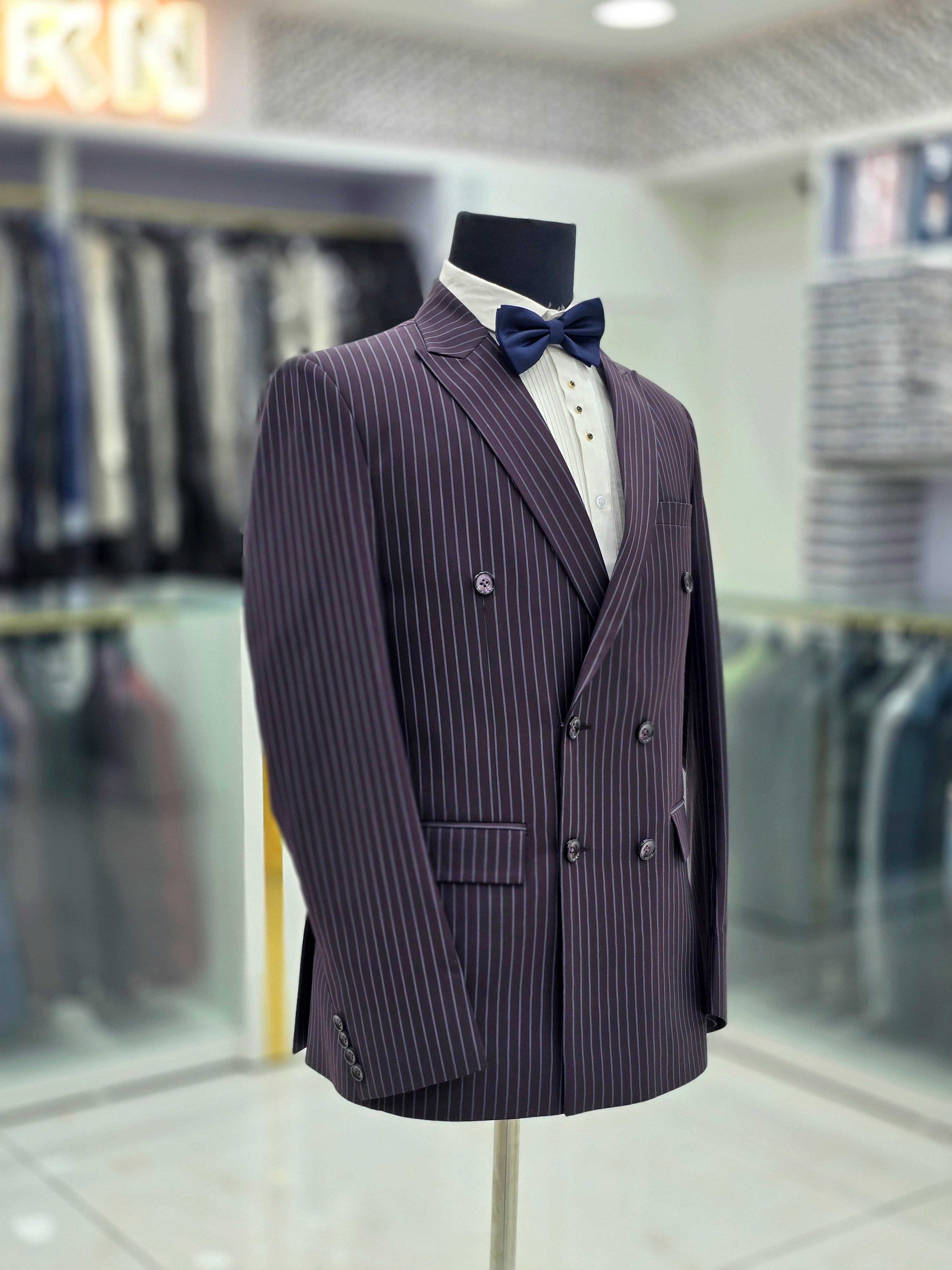 Pin striped navy blue double brest formal suit with pants and double breast blazer