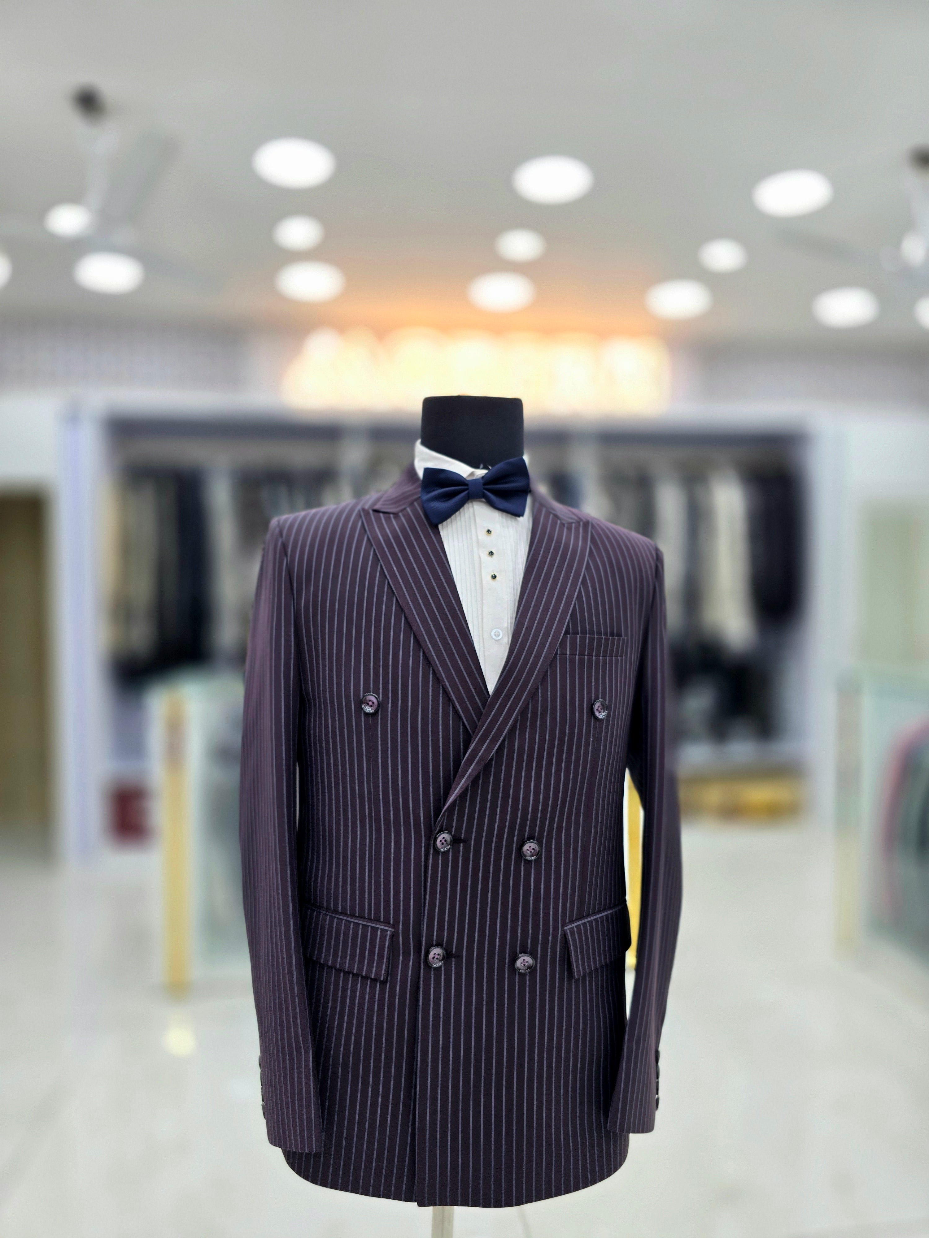 Pin striped navy blue double brest formal suit with pants and double breast blazer