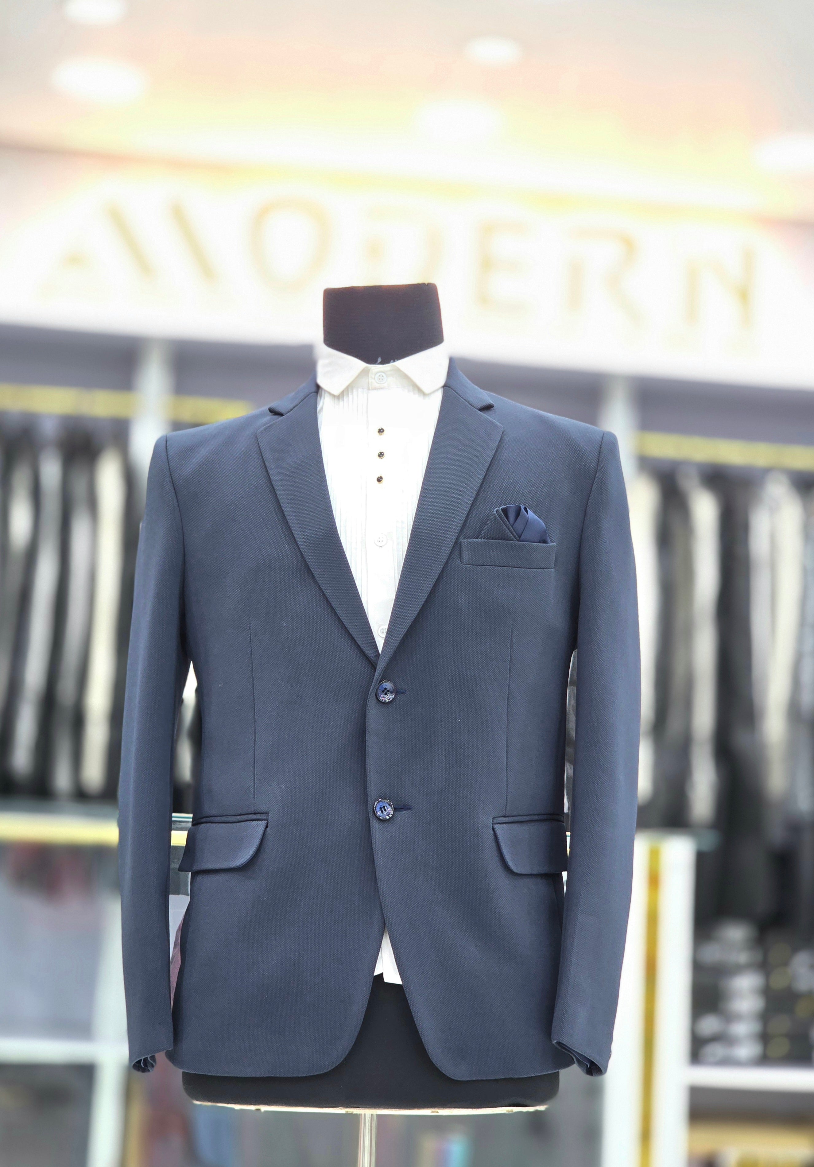 Navy blue coloured formal blazer with stretchable fabric