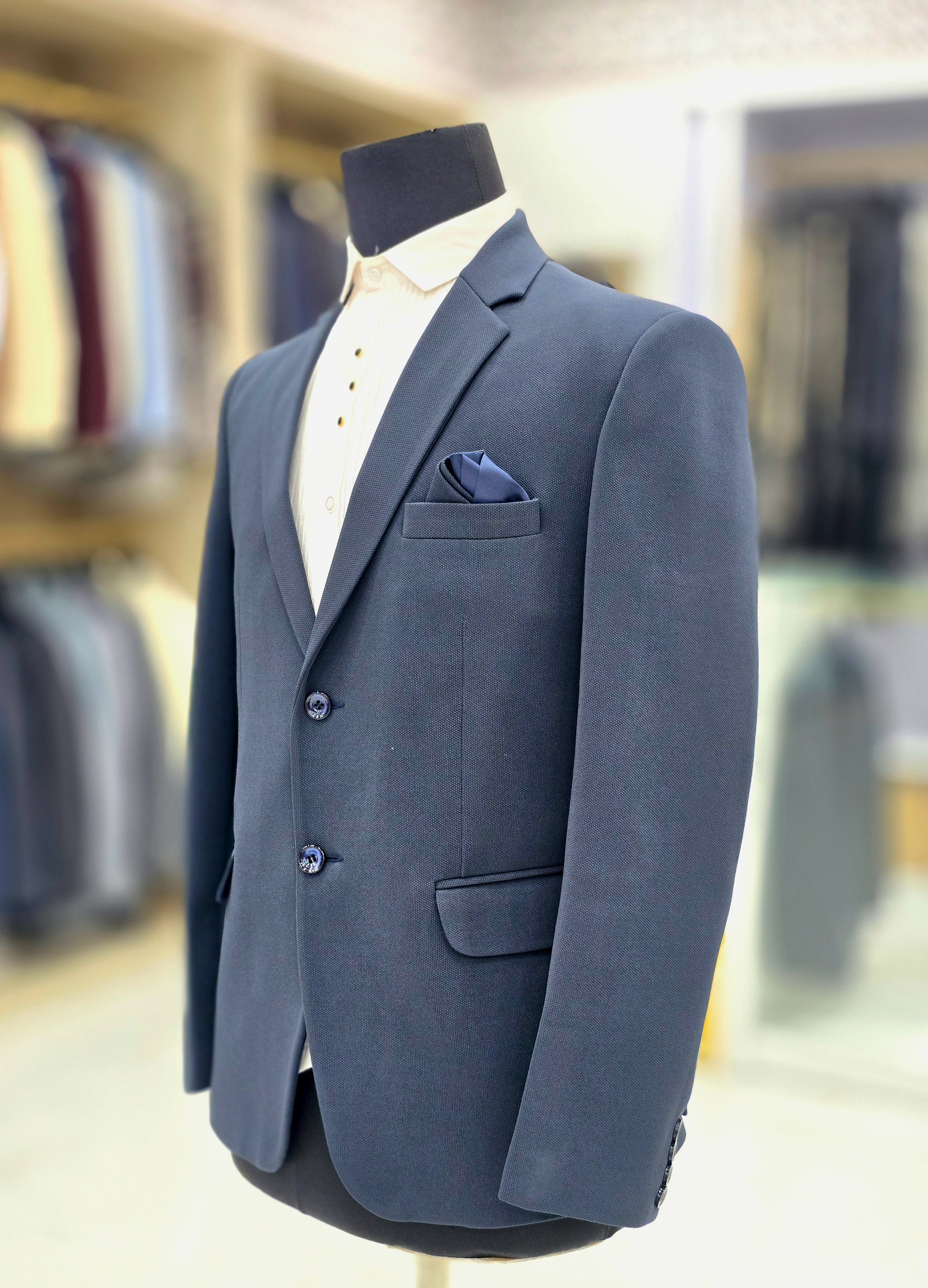 Navy blue coloured formal blazer with stretchable fabric