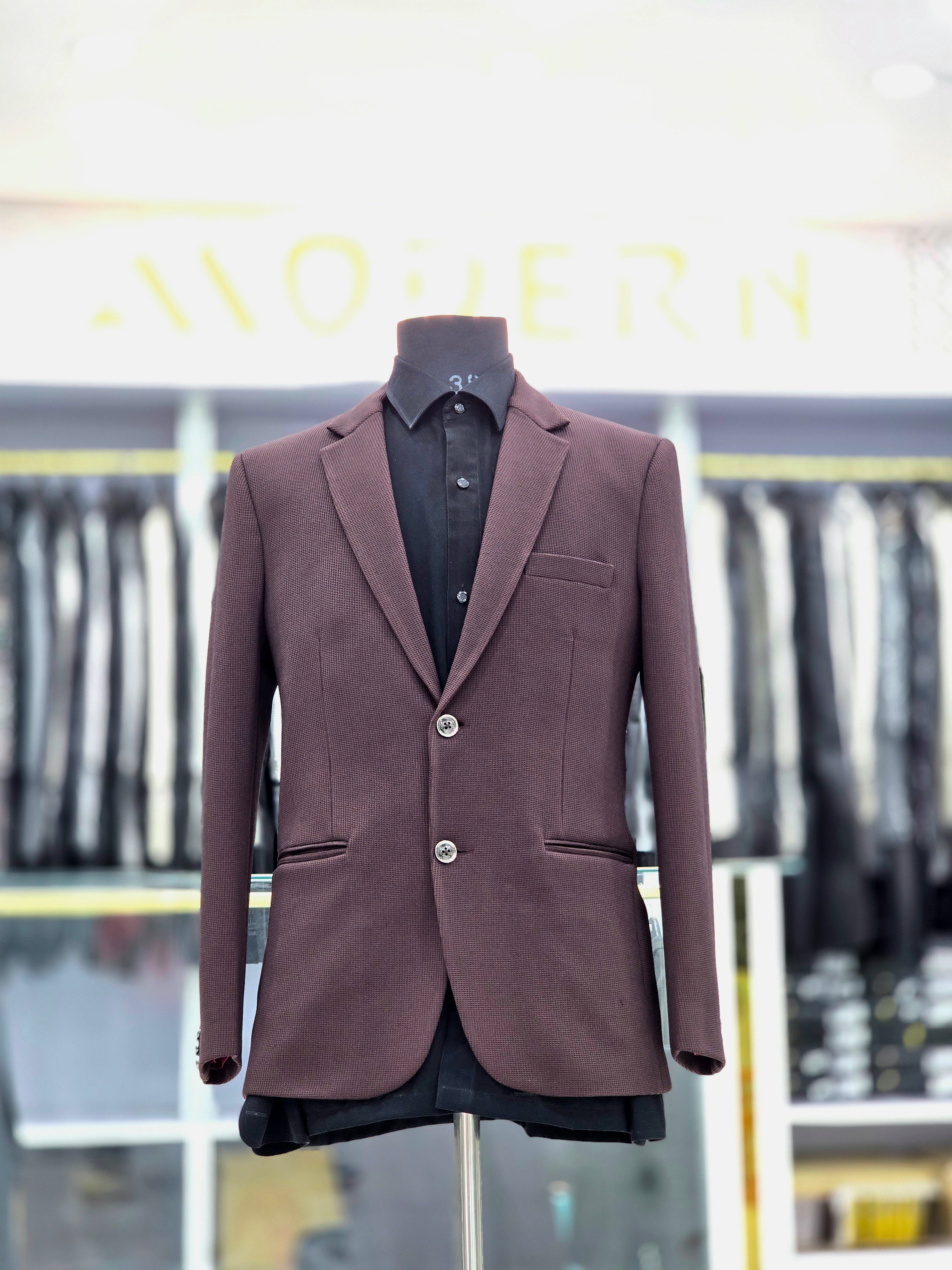 Solid charcoal wine coloured blazer with stretchable fabric