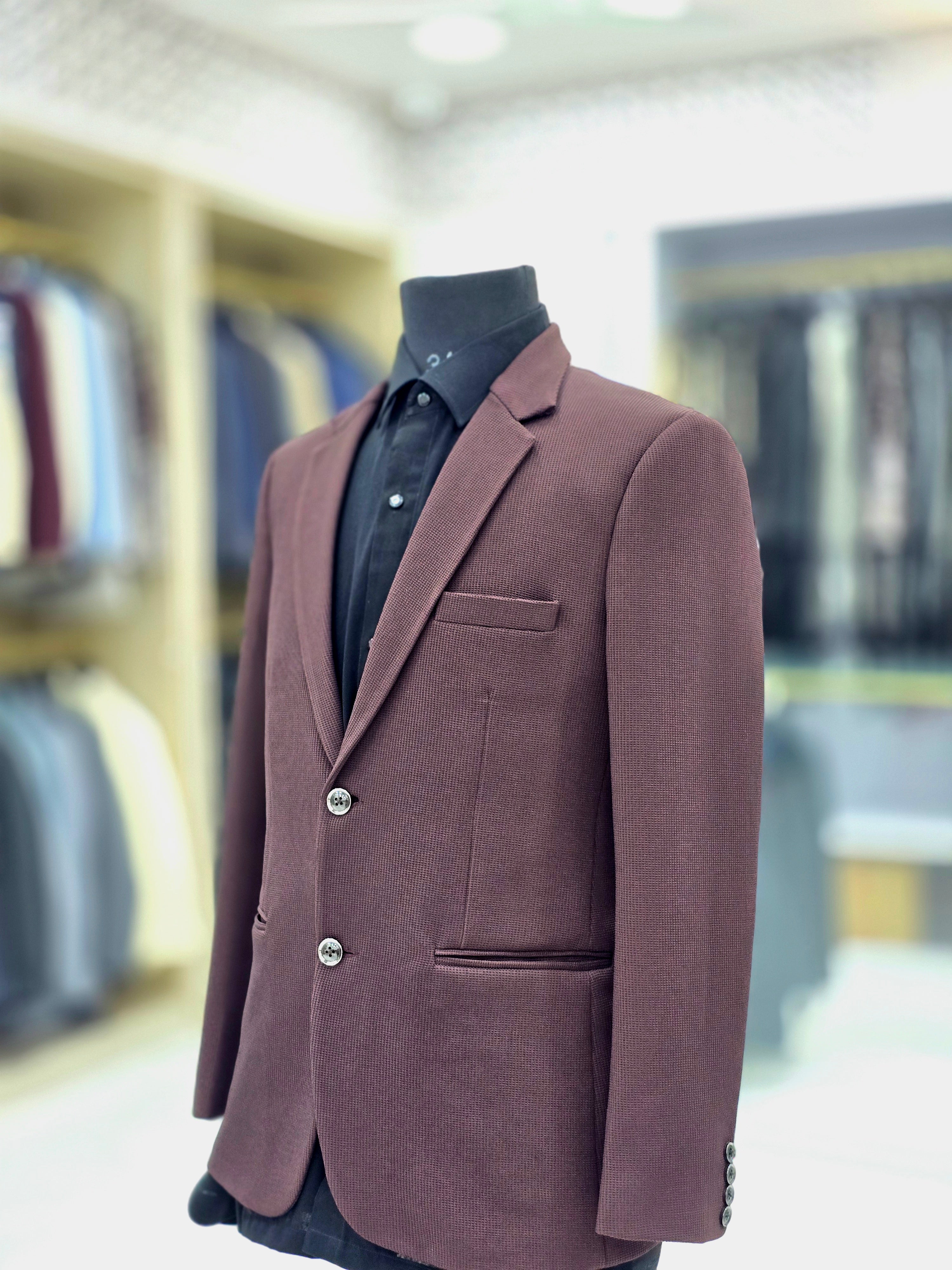 Solid charcoal wine coloured blazer with stretchable fabric