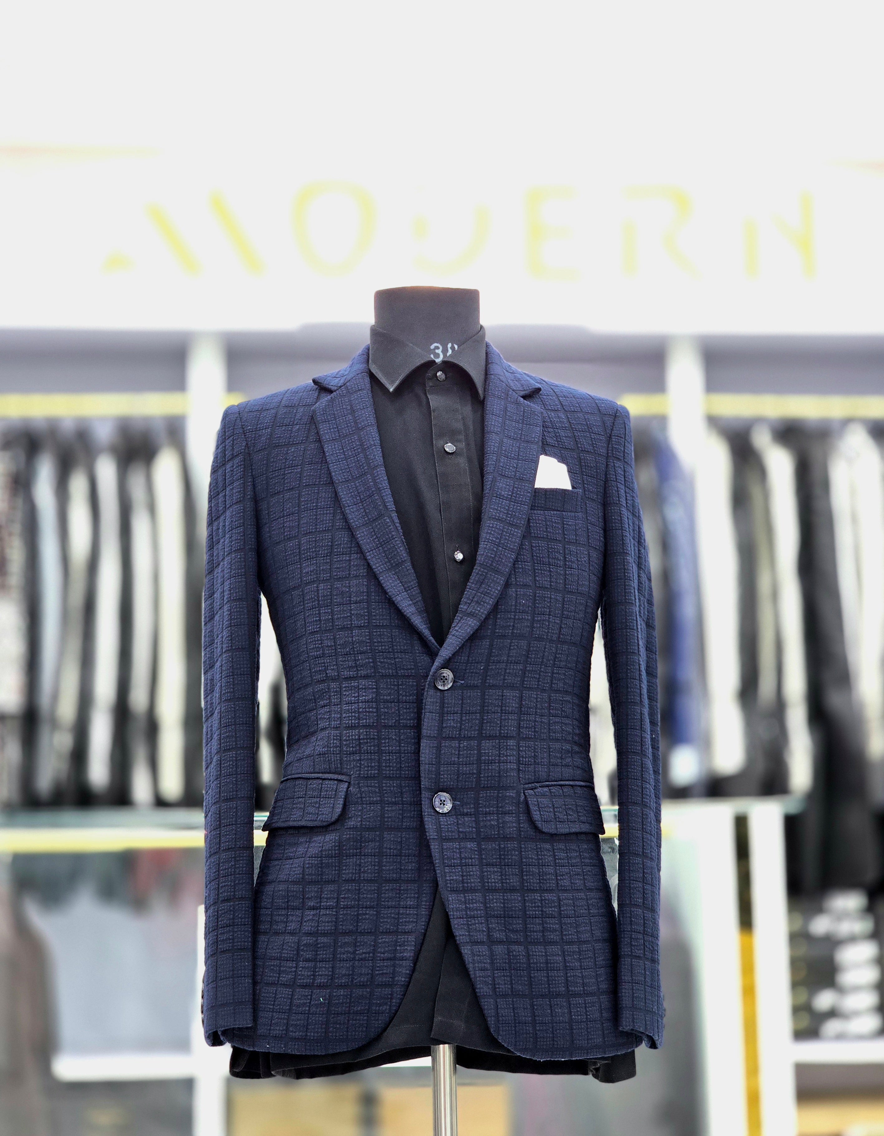 Solid English blue coloured blazer with colour block pattern with strethcible fabric