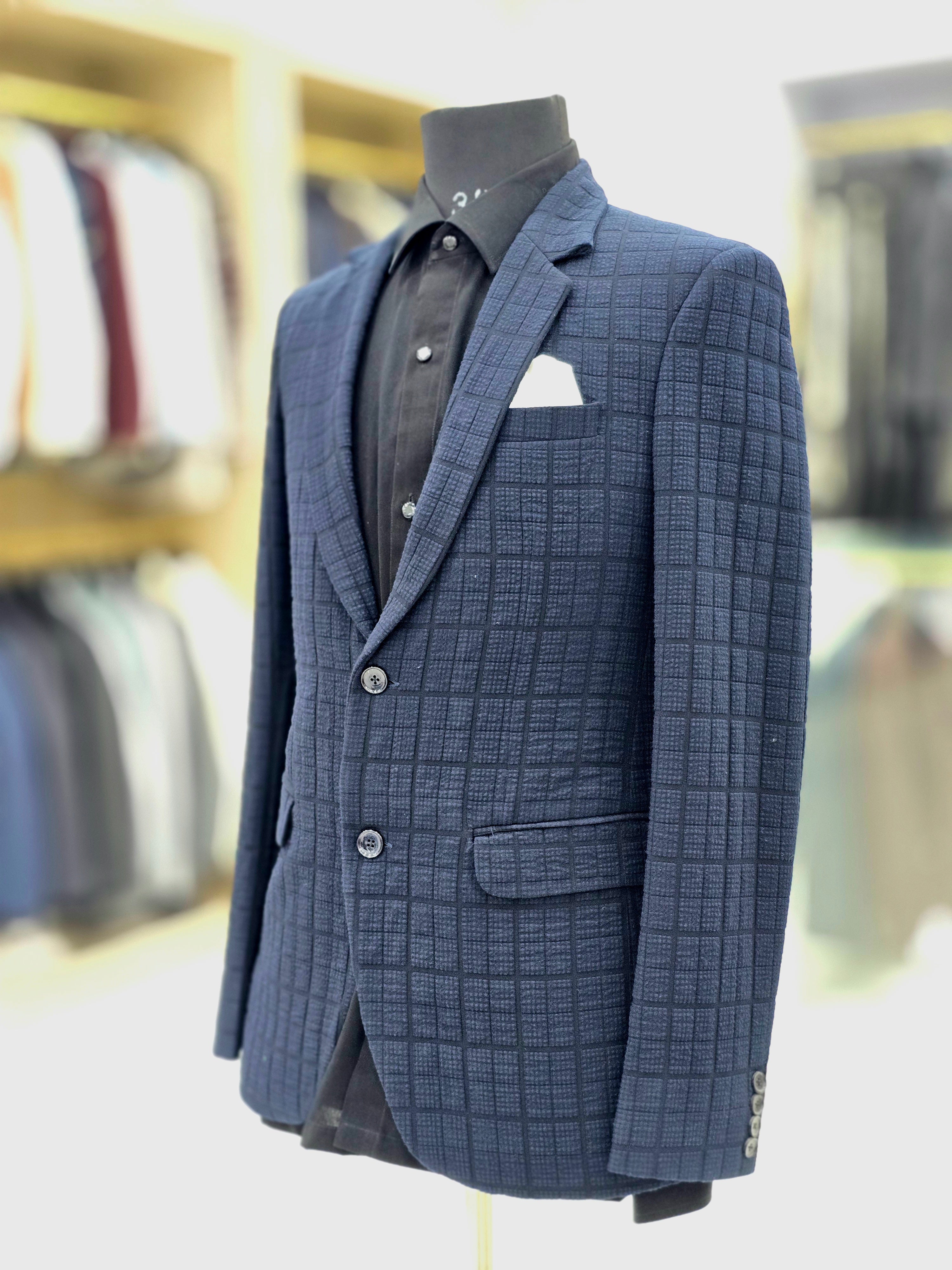 Solid English blue coloured blazer with colour block pattern with strethcible fabric