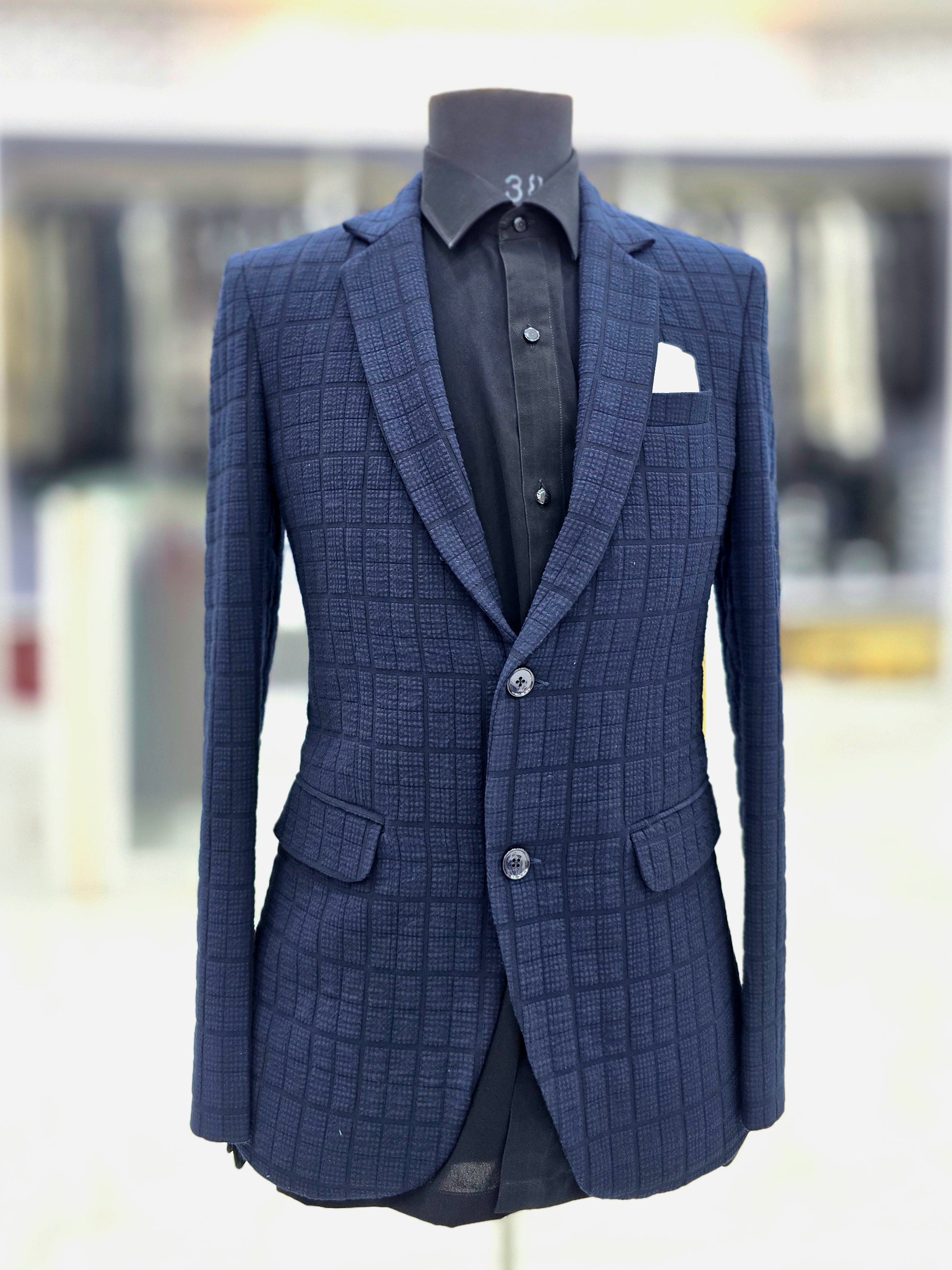 Solid English blue coloured blazer with colour block pattern with strethcible fabric