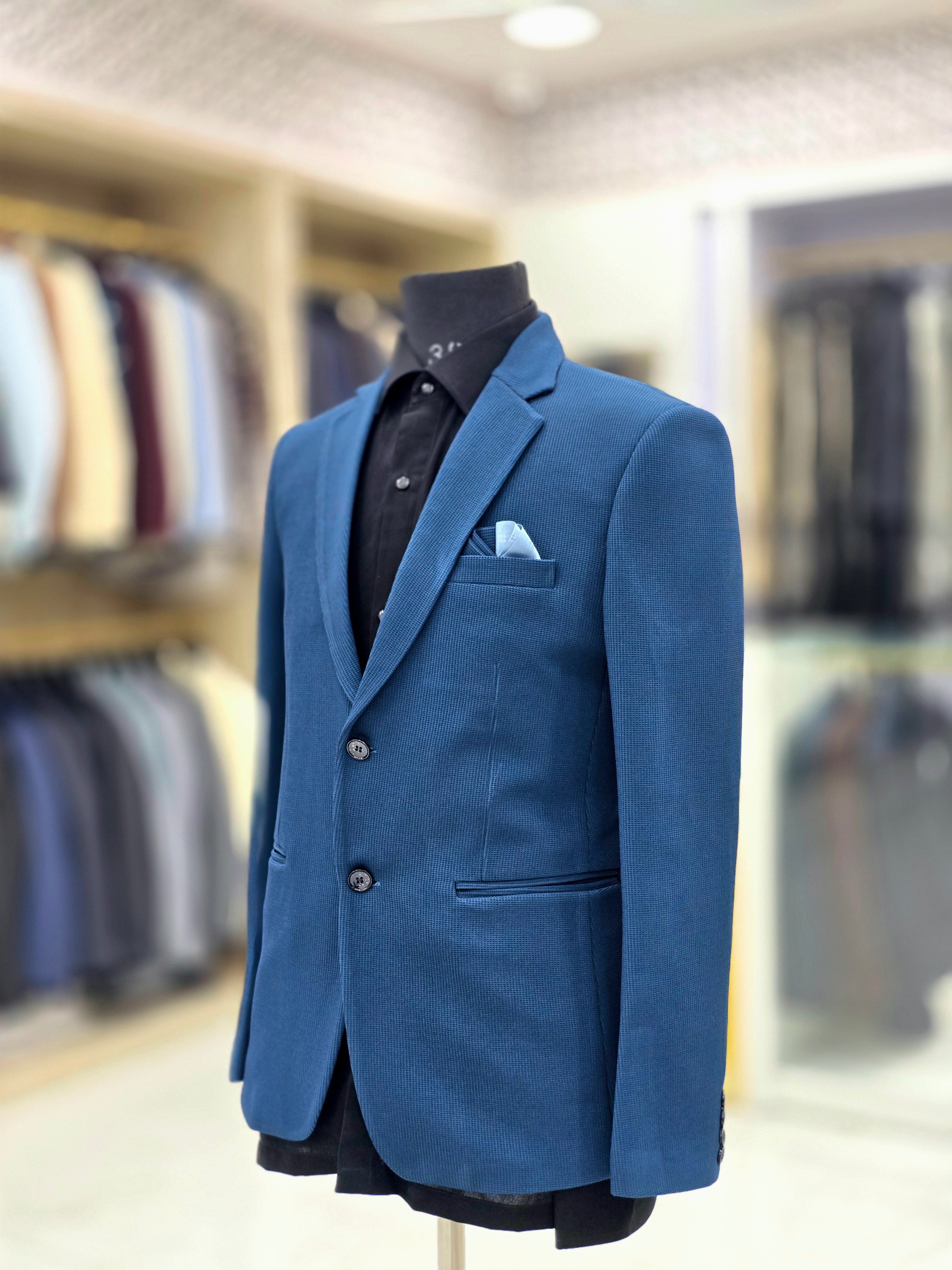 Royal blue colour blazer with stretchable fabric