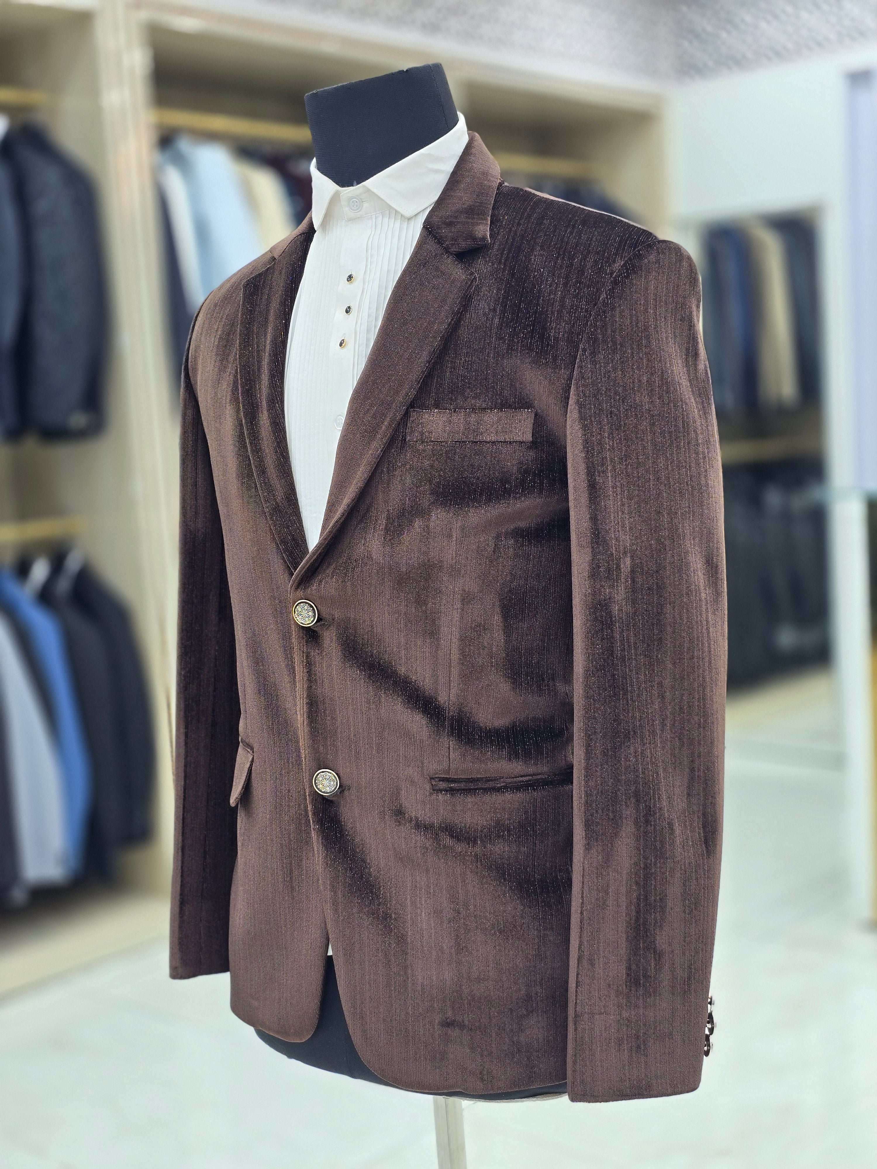 Classic brown velvet self design blazer