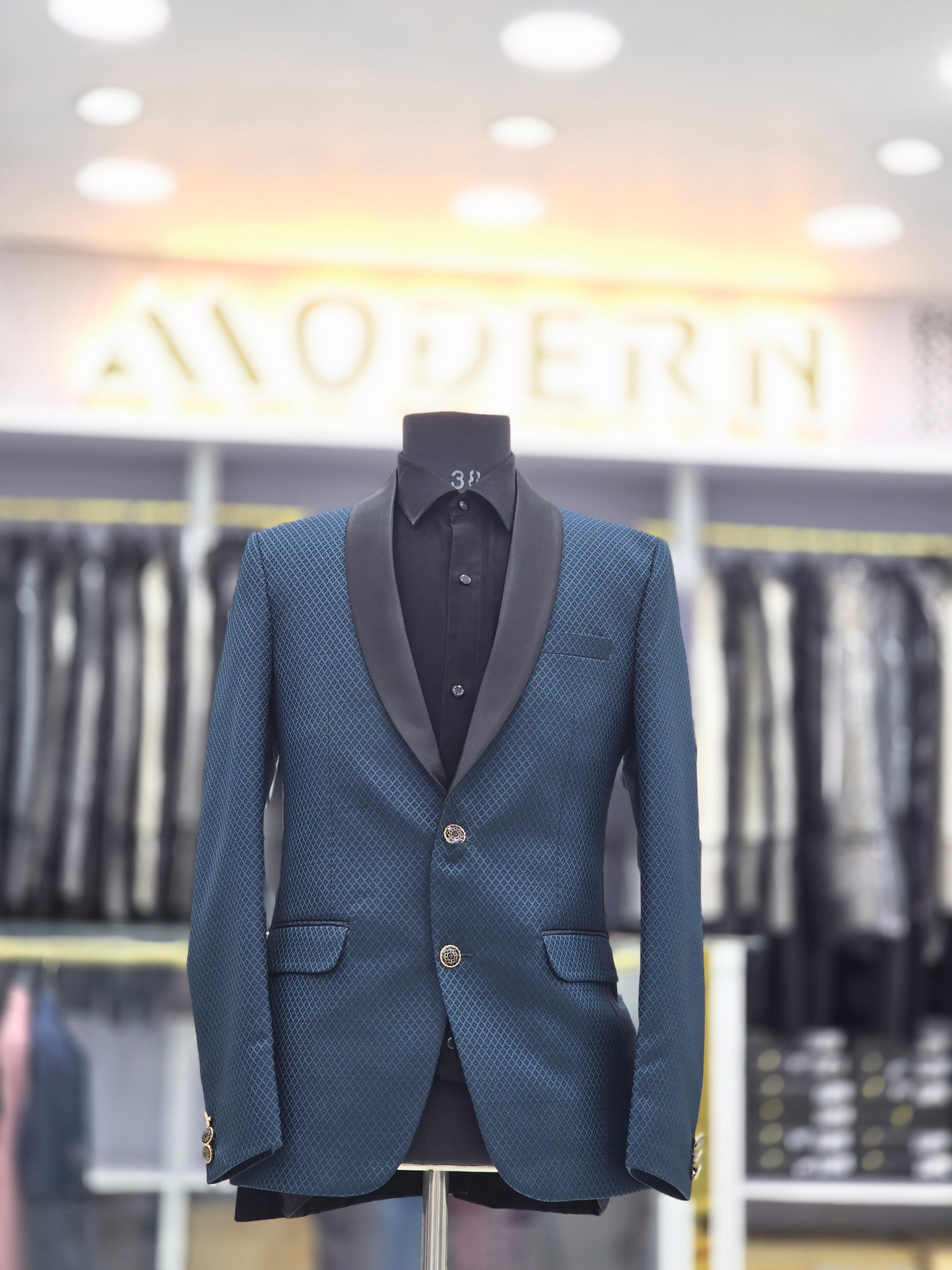 Elegant self design pattern blue Tuxedo blazer