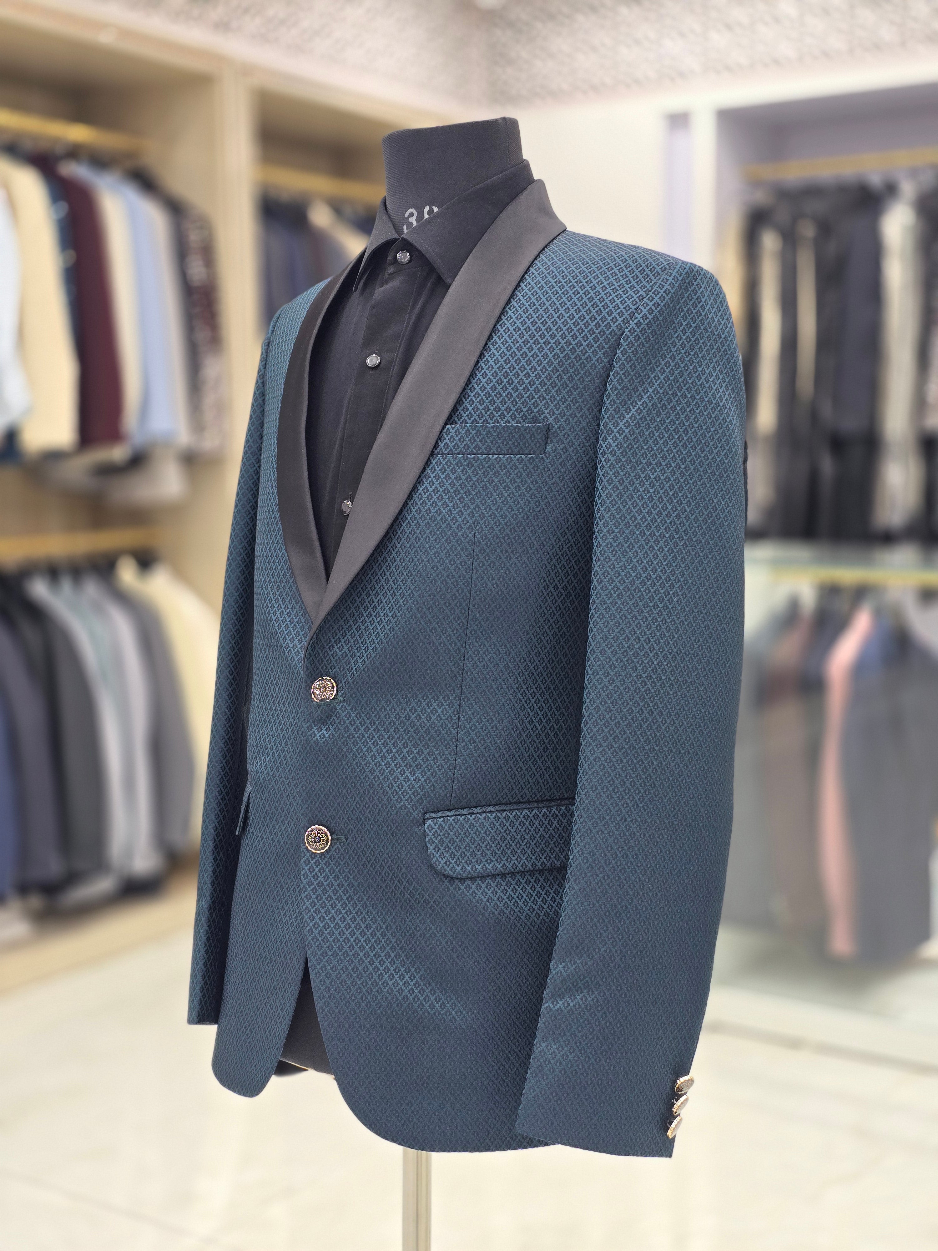 Elegant self design pattern blue Tuxedo blazer
