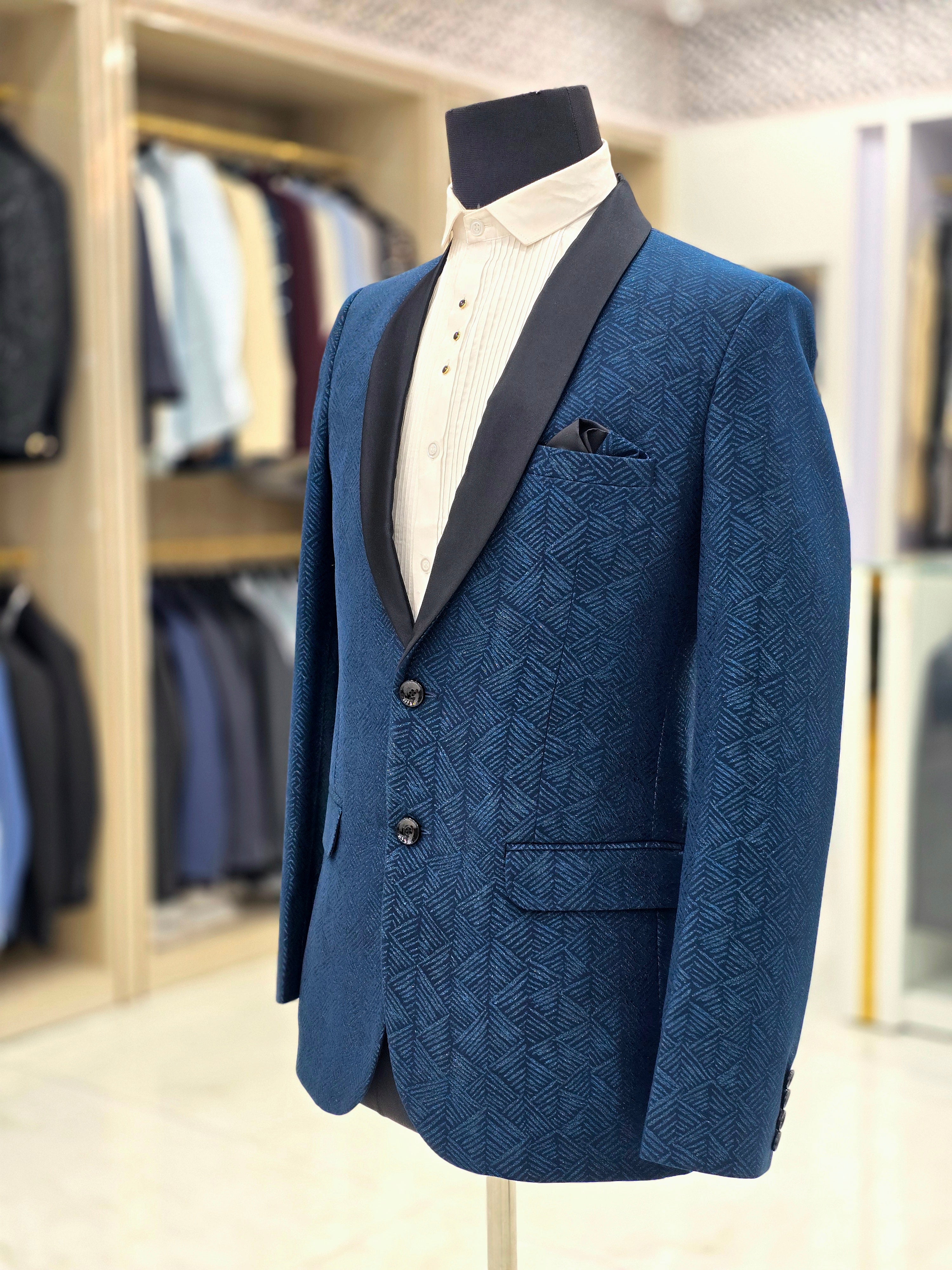 Solid English blue self design Tuxedo blazer
