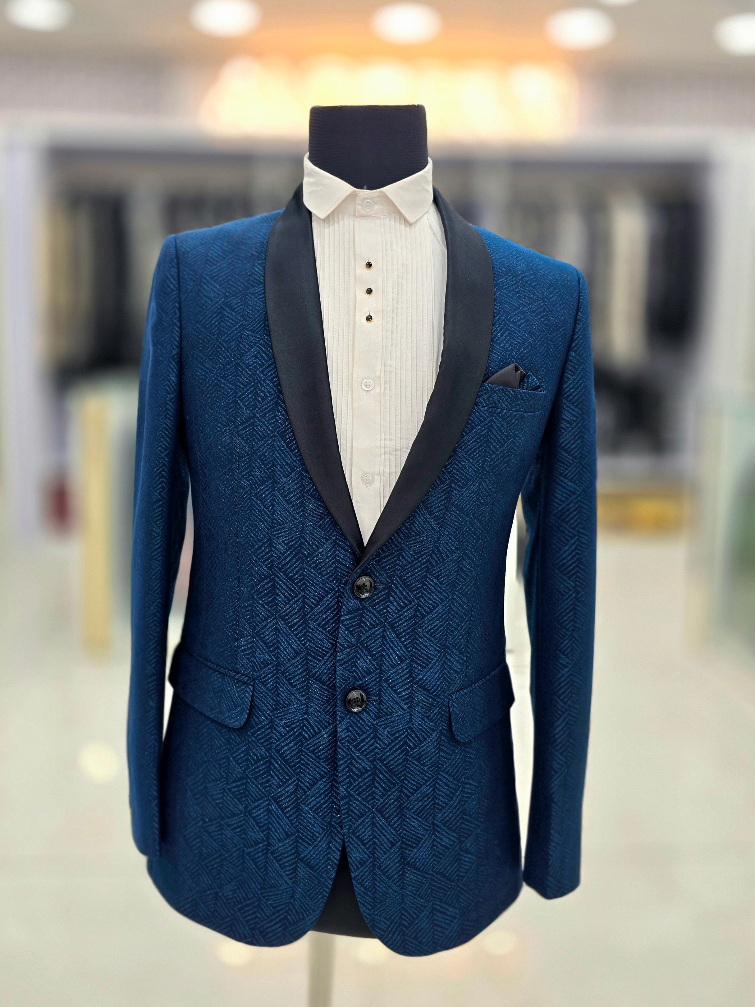 Solid English blue self design Tuxedo blazer