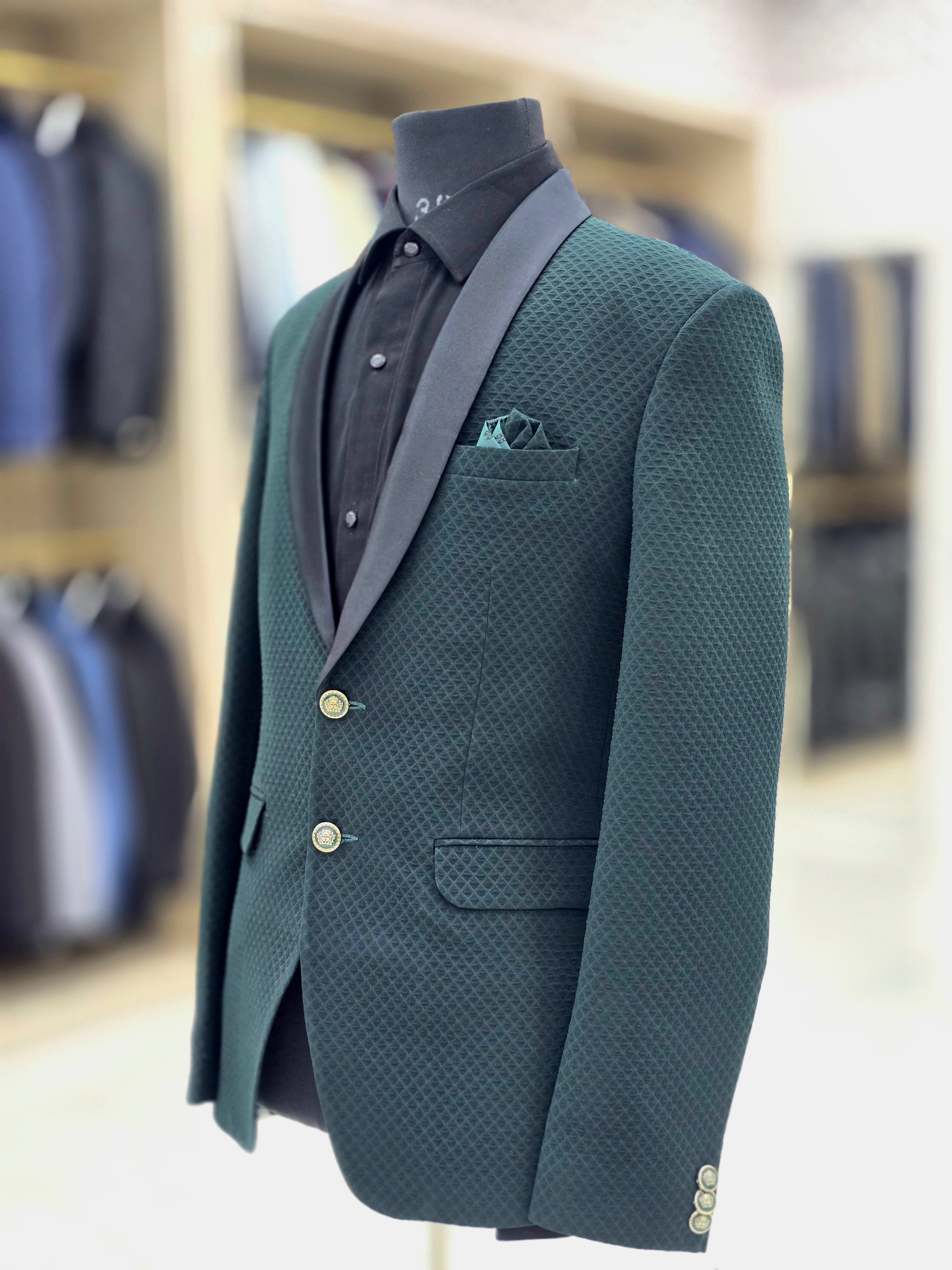 Elegant self design bottle green colour Tuxedo blazer