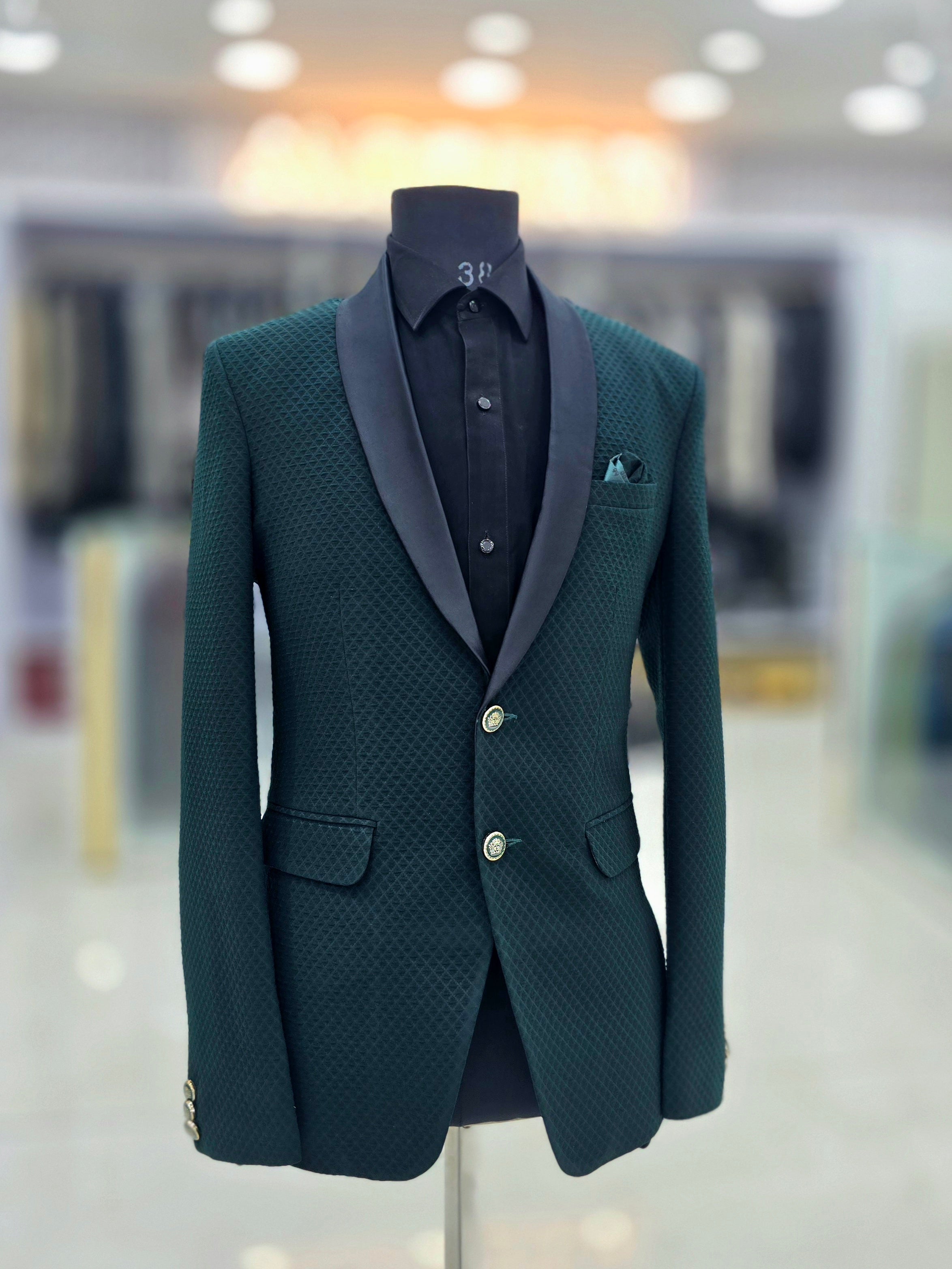 Elegant self design bottle green colour Tuxedo blazer