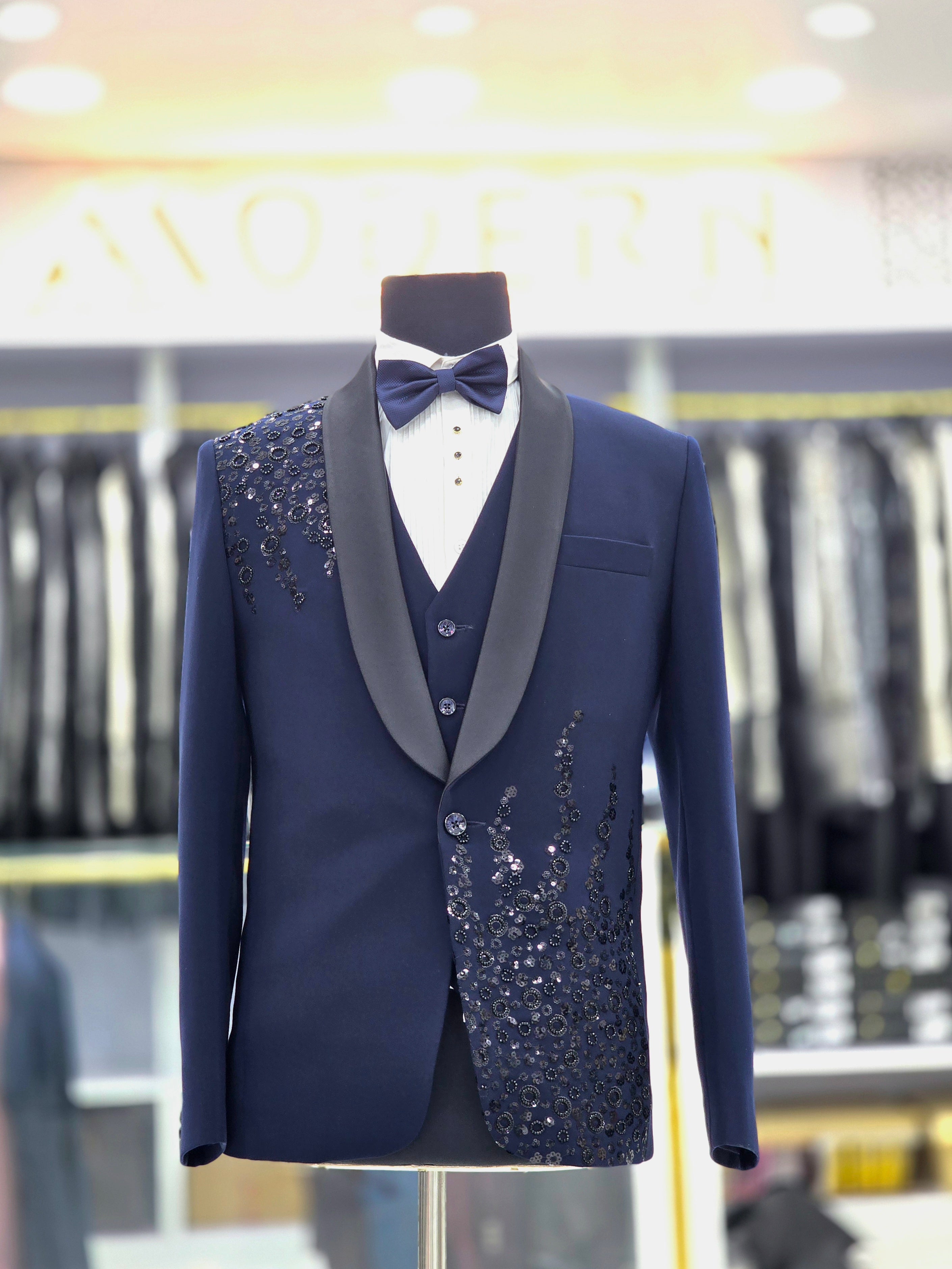 Elegant blue coloured party wear Tuxedo 3 piece suit with stone hand work on Japanese fabric with blazer pants and waistcoat