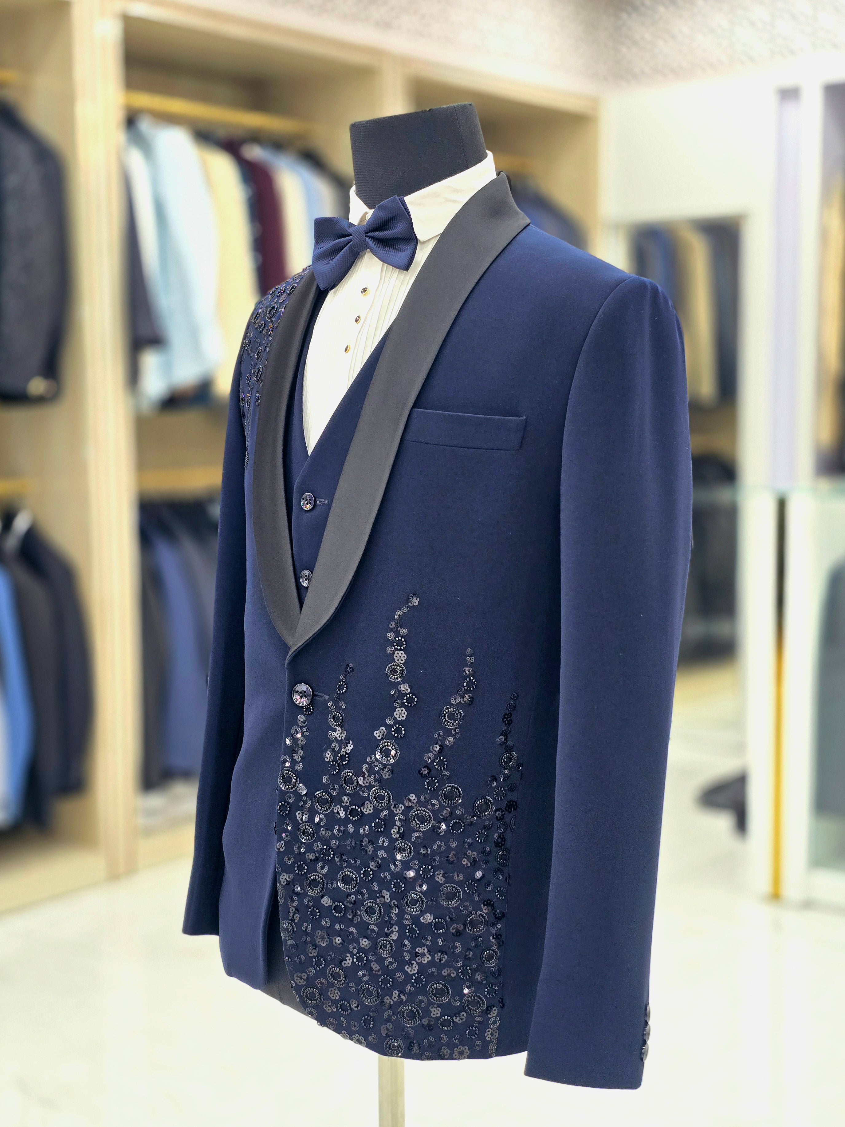 Elegant blue coloured party wear Tuxedo 3 piece suit with stone hand work on Japanese fabric with blazer pants and waistcoat