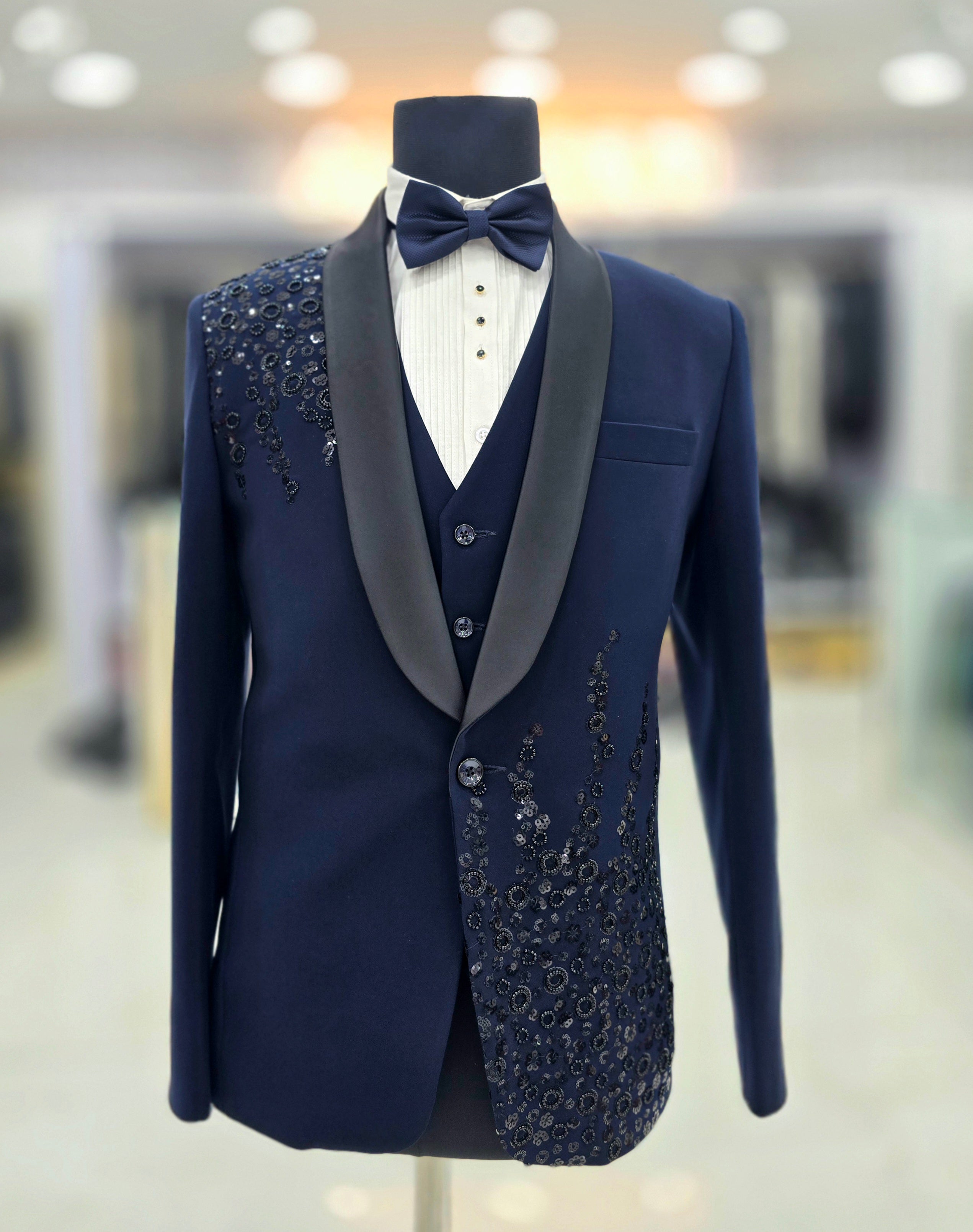 Elegant blue coloured party wear Tuxedo 3 piece suit with stone hand work on Japanese fabric with blazer pants and waistcoat