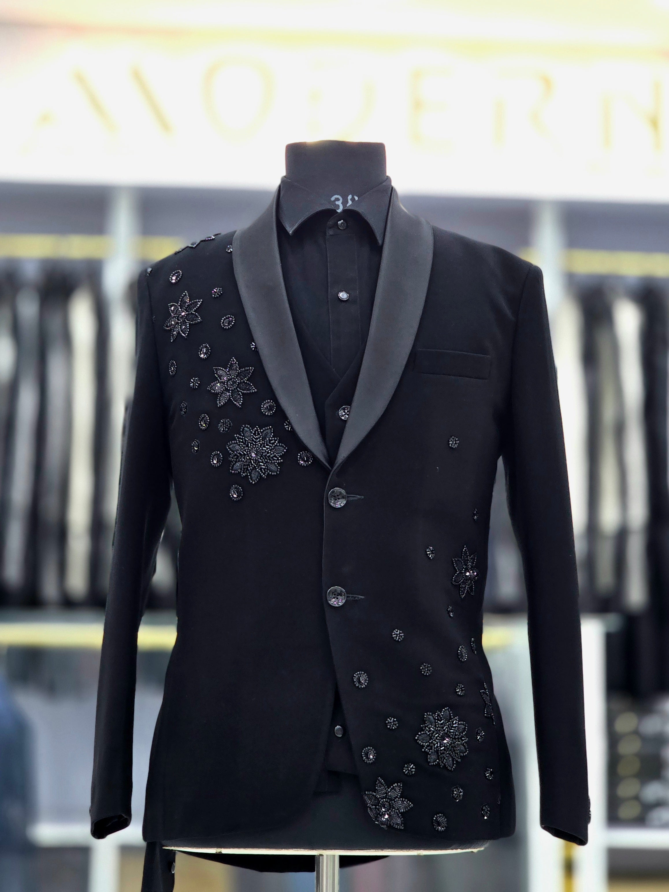 Beautiful black party wear Tuxedo three piece suit with stone hand work done on Japanese fabric with blazer pants and waistcoat