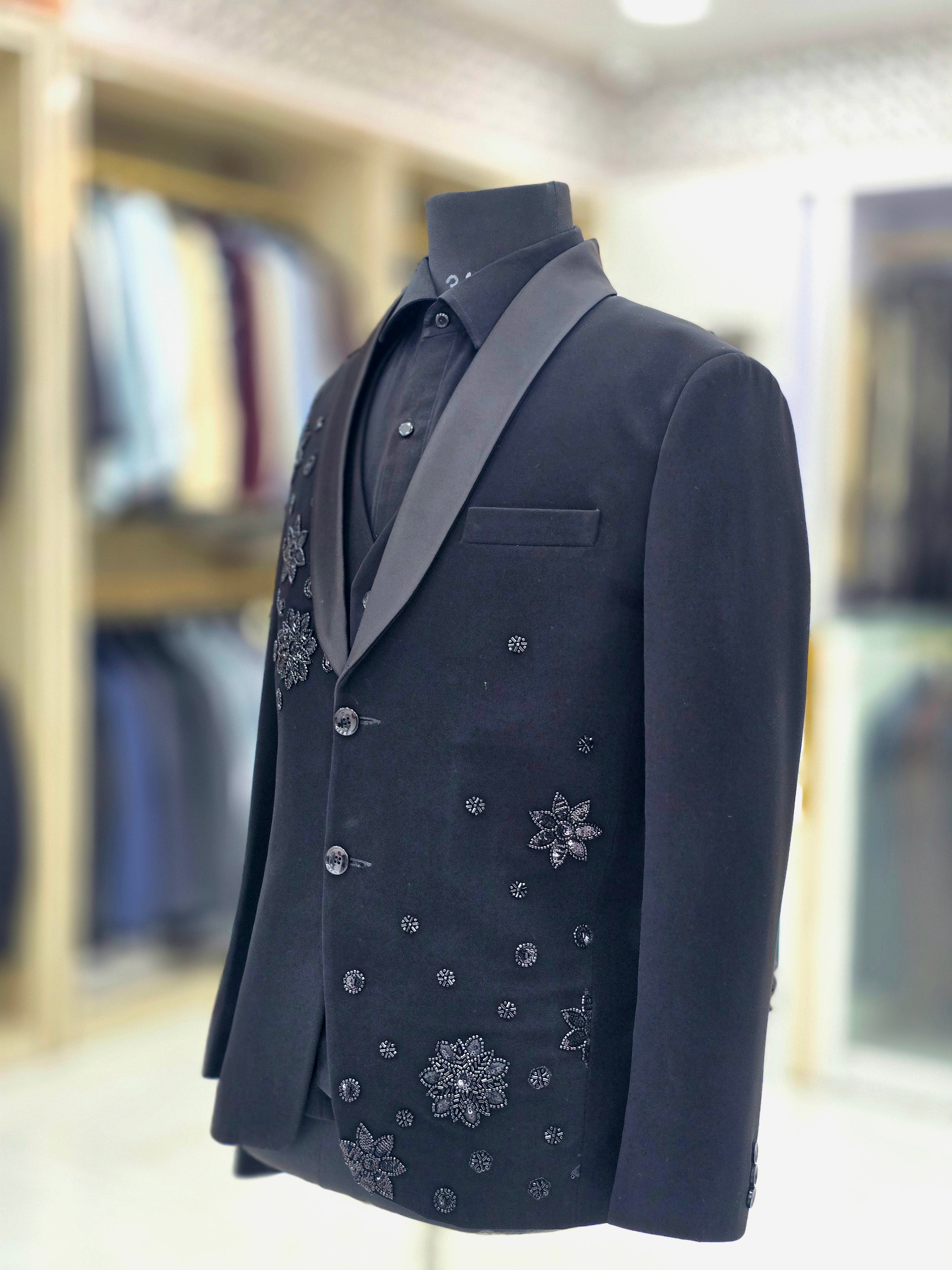 Beautiful black party wear Tuxedo three piece suit with stone hand work done on Japanese fabric with blazer pants and waistcoat