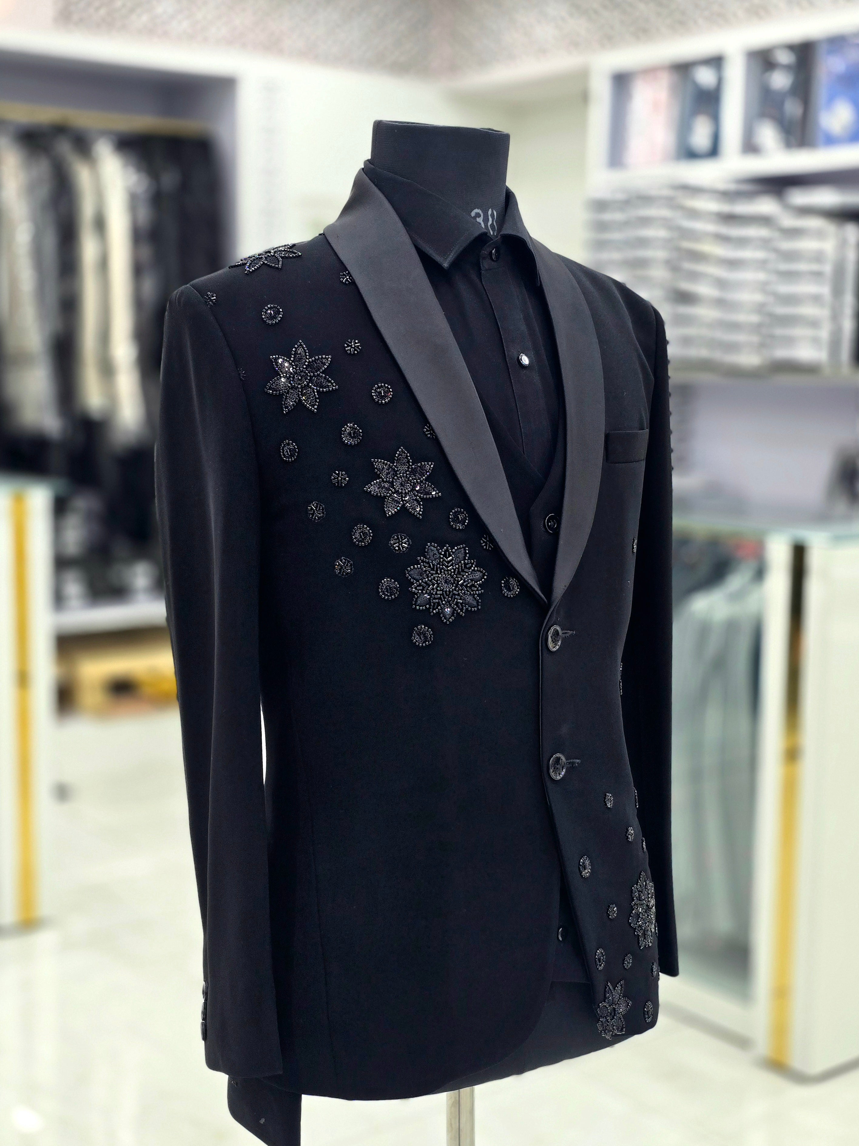 Beautiful black party wear Tuxedo three piece suit with stone hand work done on Japanese fabric with blazer pants and waistcoat