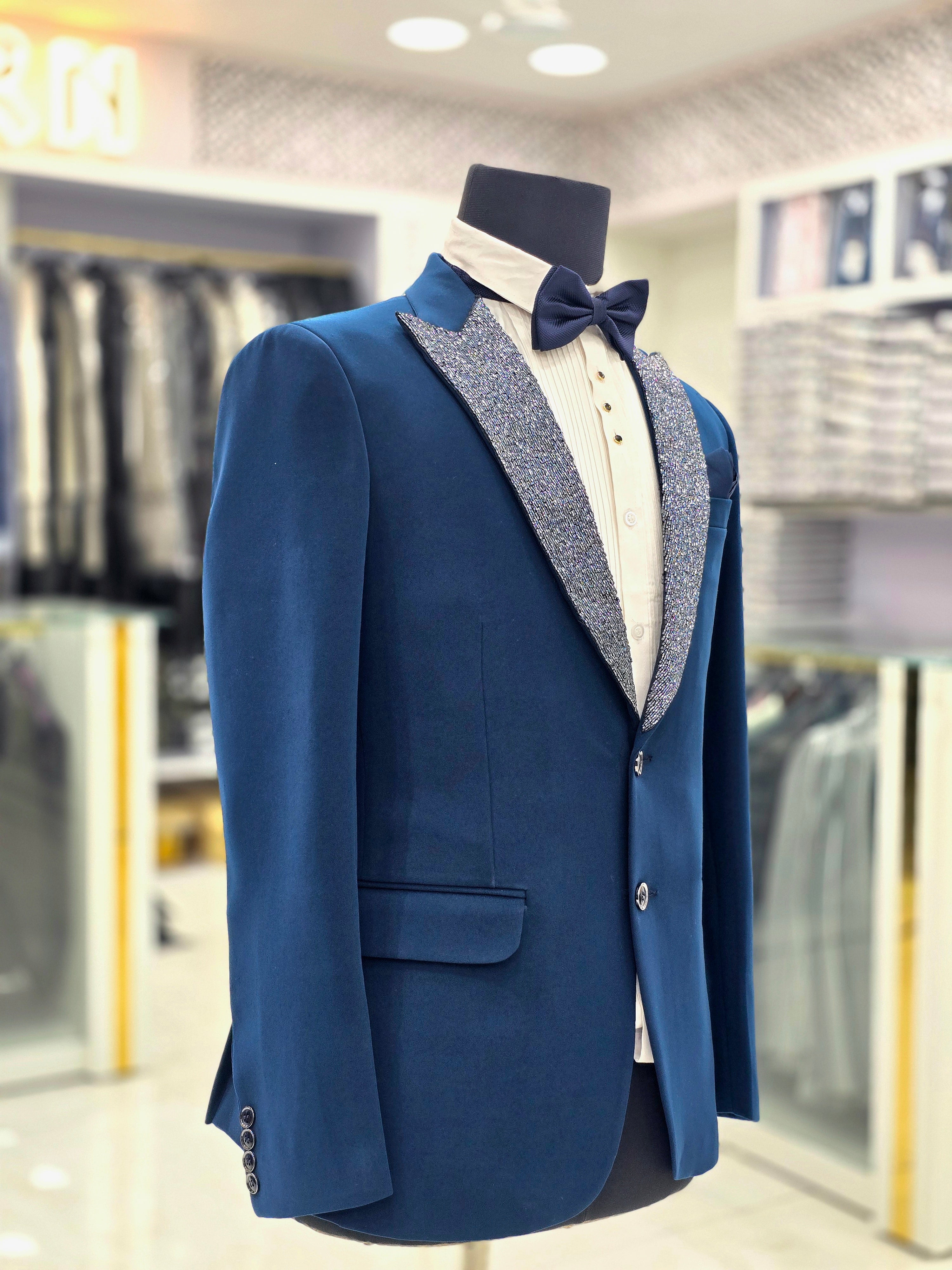 Paris blue colour designer suit with shining stone lapel on Japanese fabric