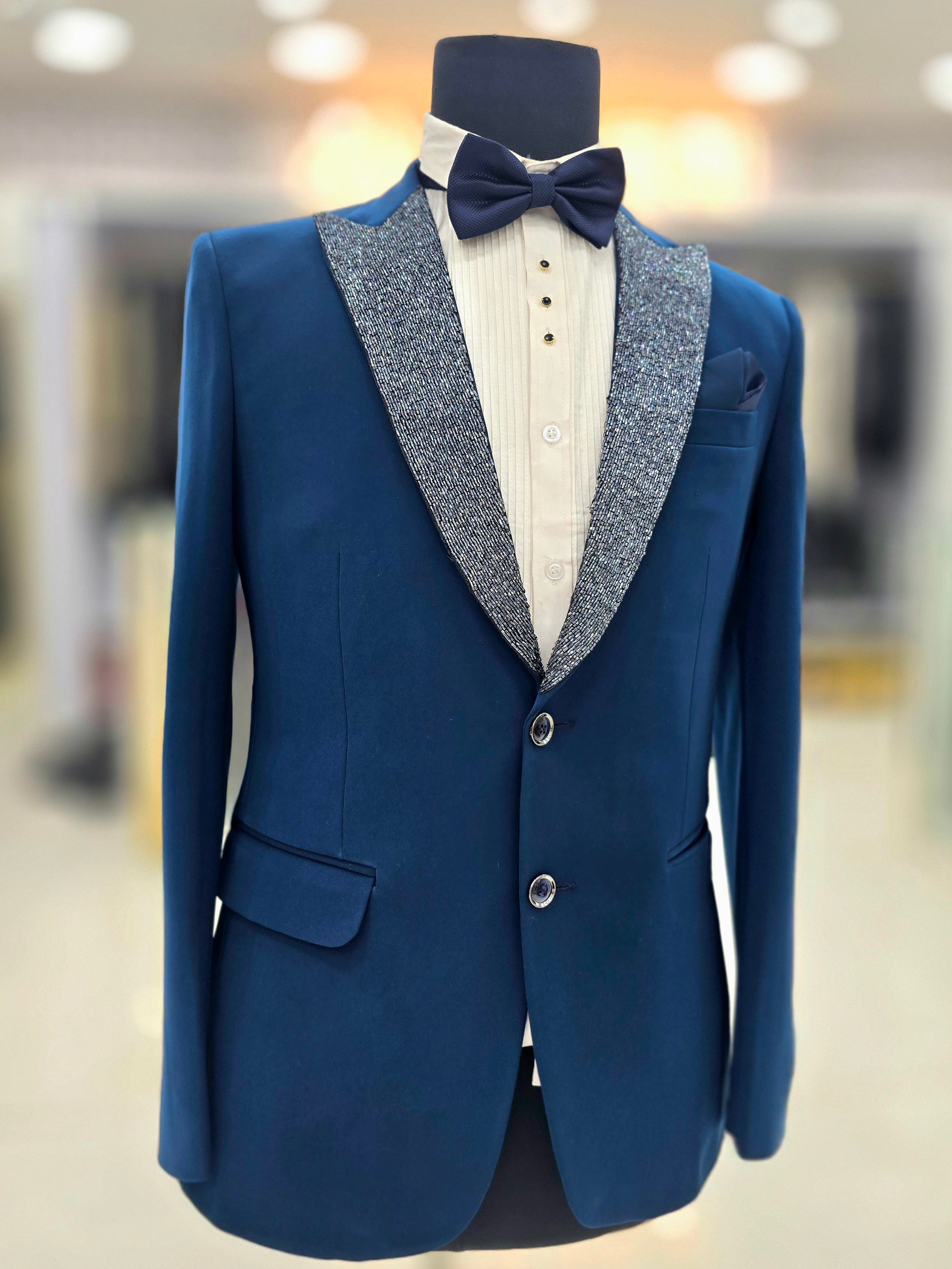 Paris blue colour designer suit with shining stone lapel on Japanese fabric