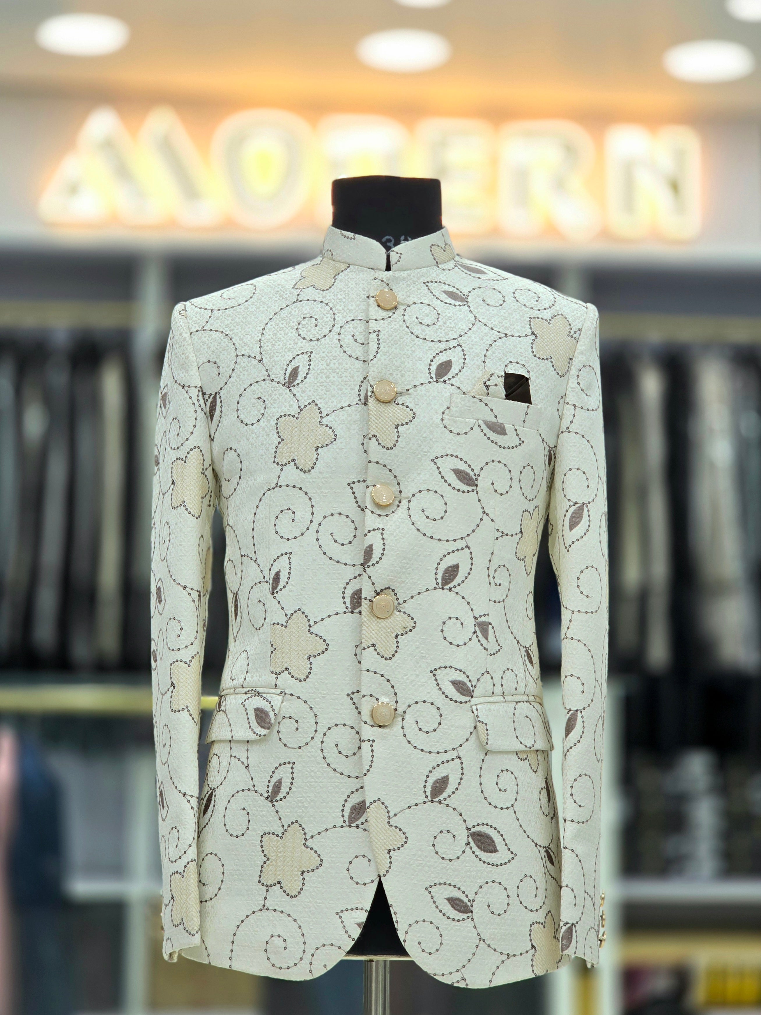Elegant of white Jodhpuri blazer with floral pattern design