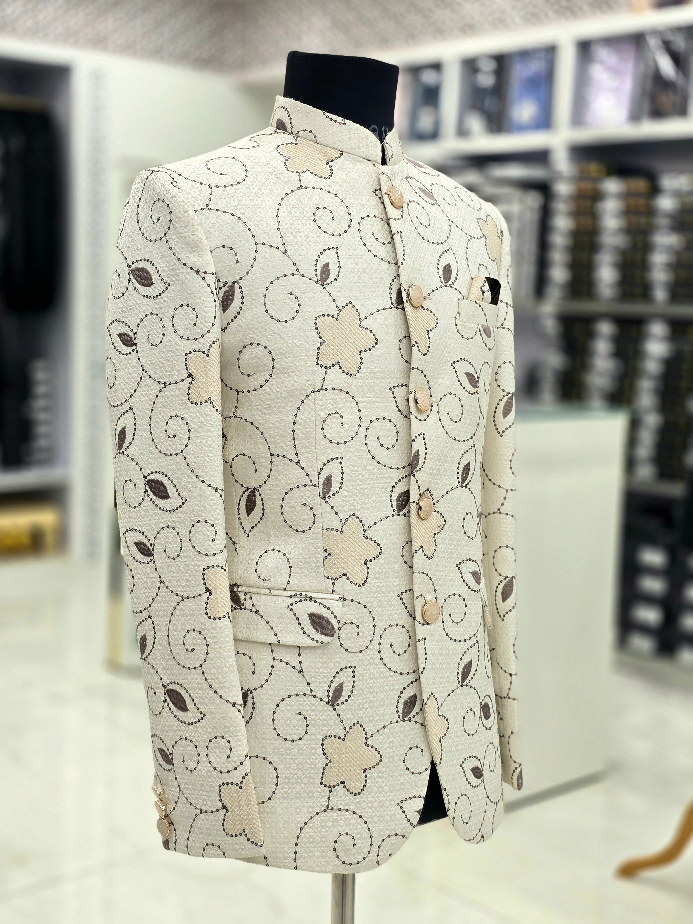 Elegant of white Jodhpuri blazer with floral pattern design