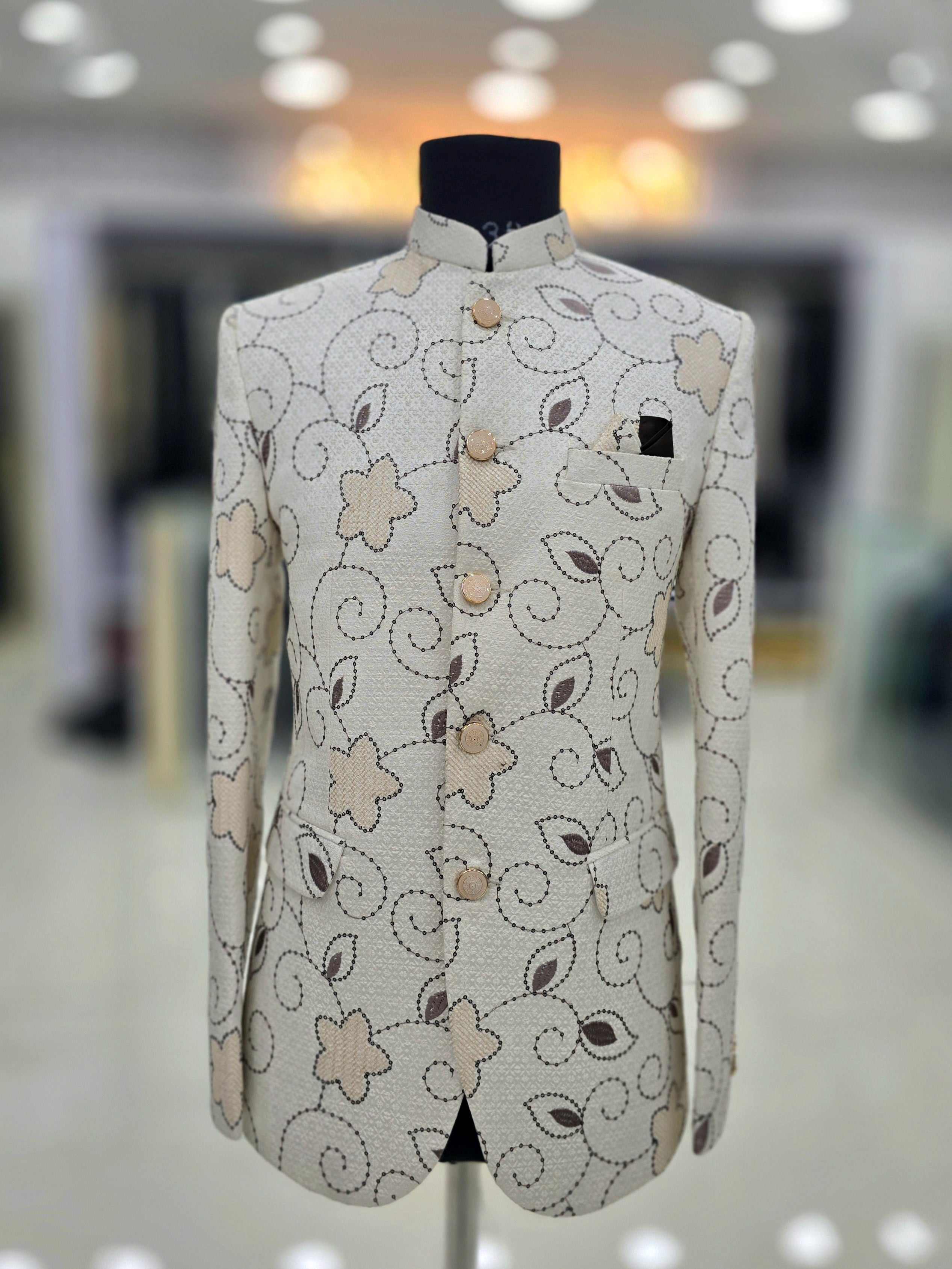 Elegant of white Jodhpuri blazer with floral pattern design