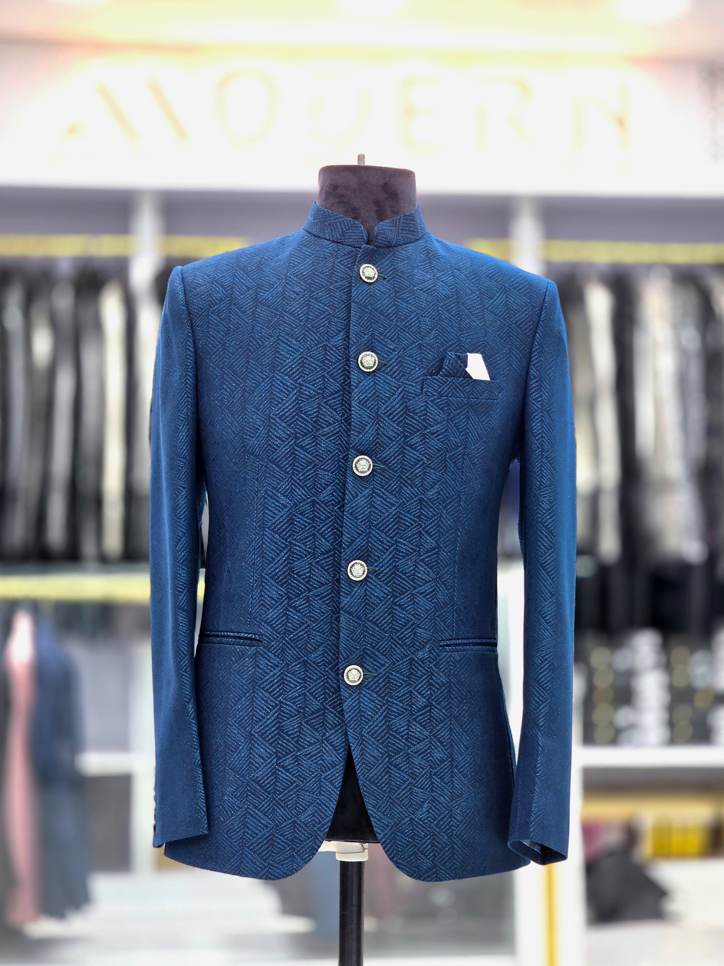 Royal blue colour self design Jodhpuri blazer