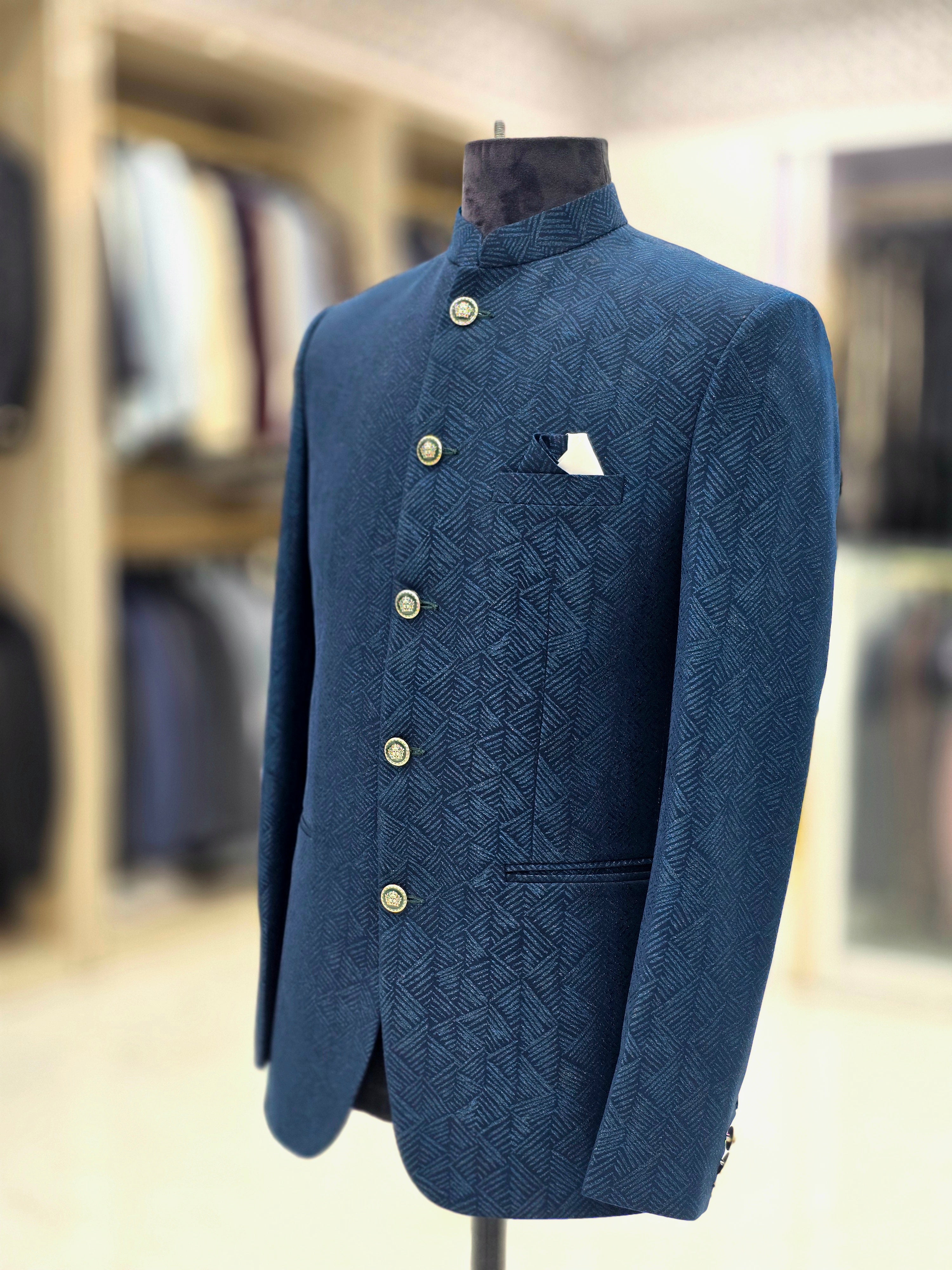 Royal blue colour self design Jodhpuri blazer