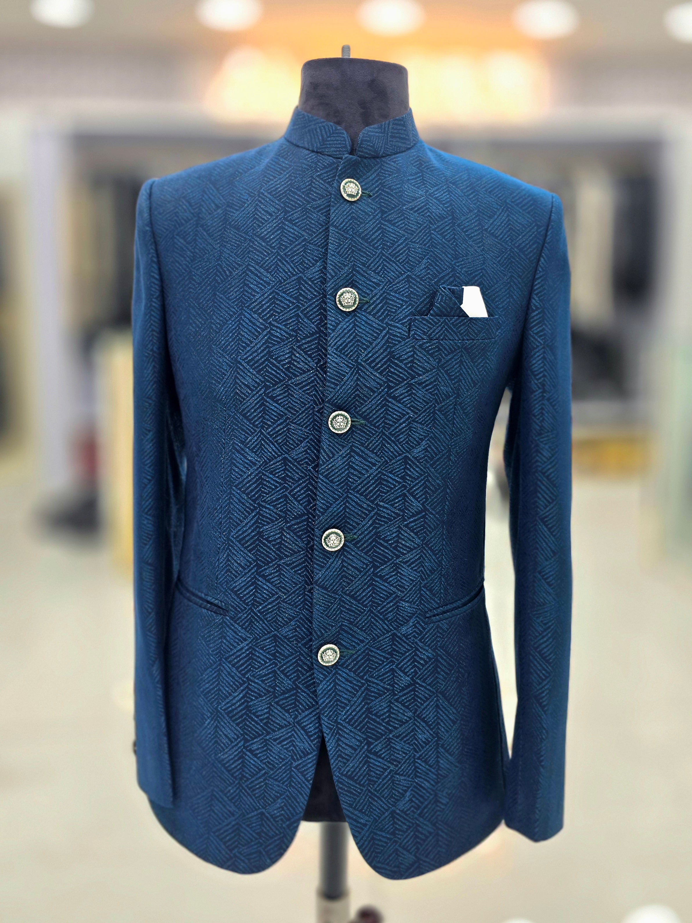 Royal blue colour self design Jodhpuri blazer