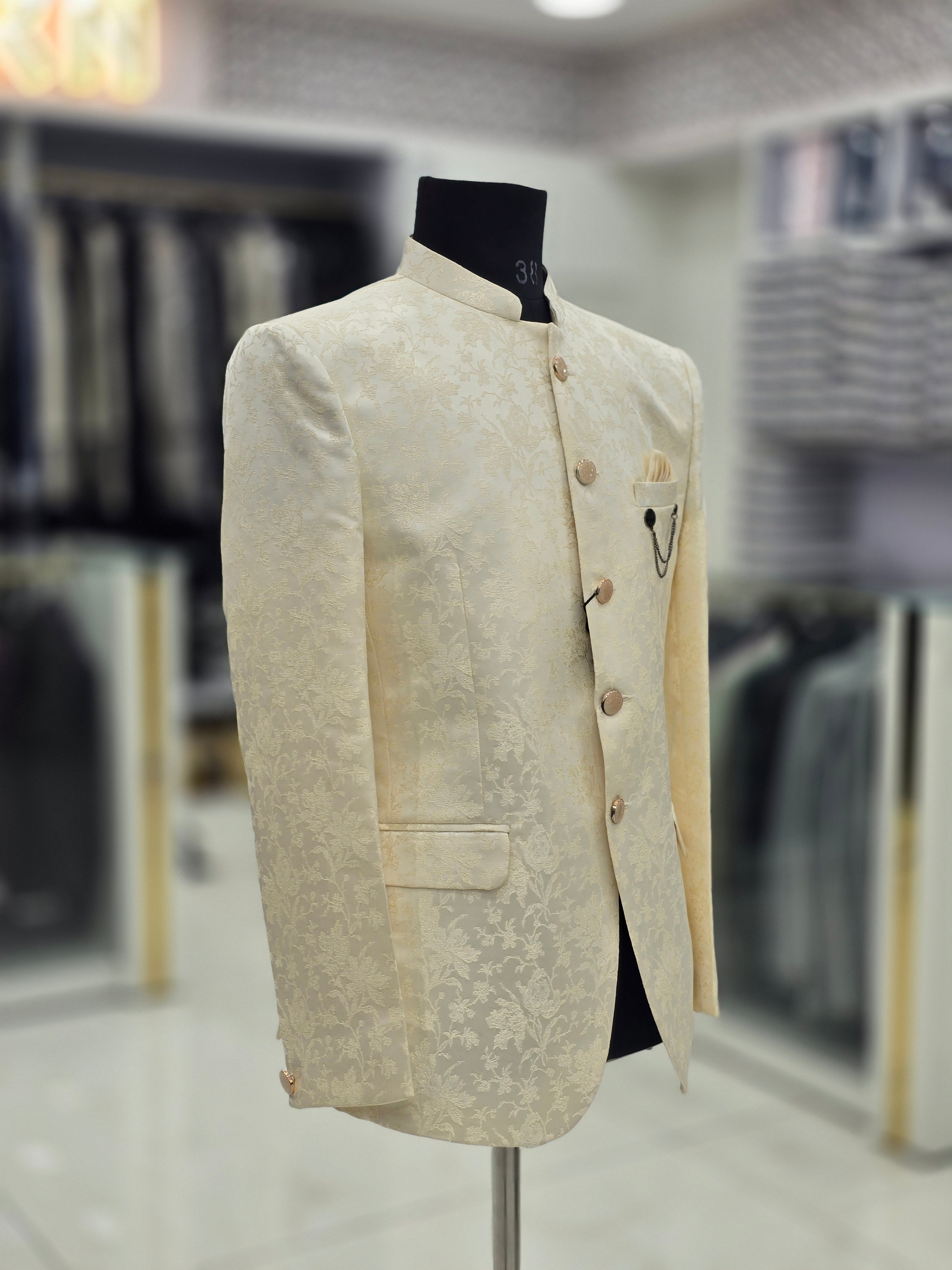 Classic cream colour Jodhpuri blazer with floral pattern and pants
