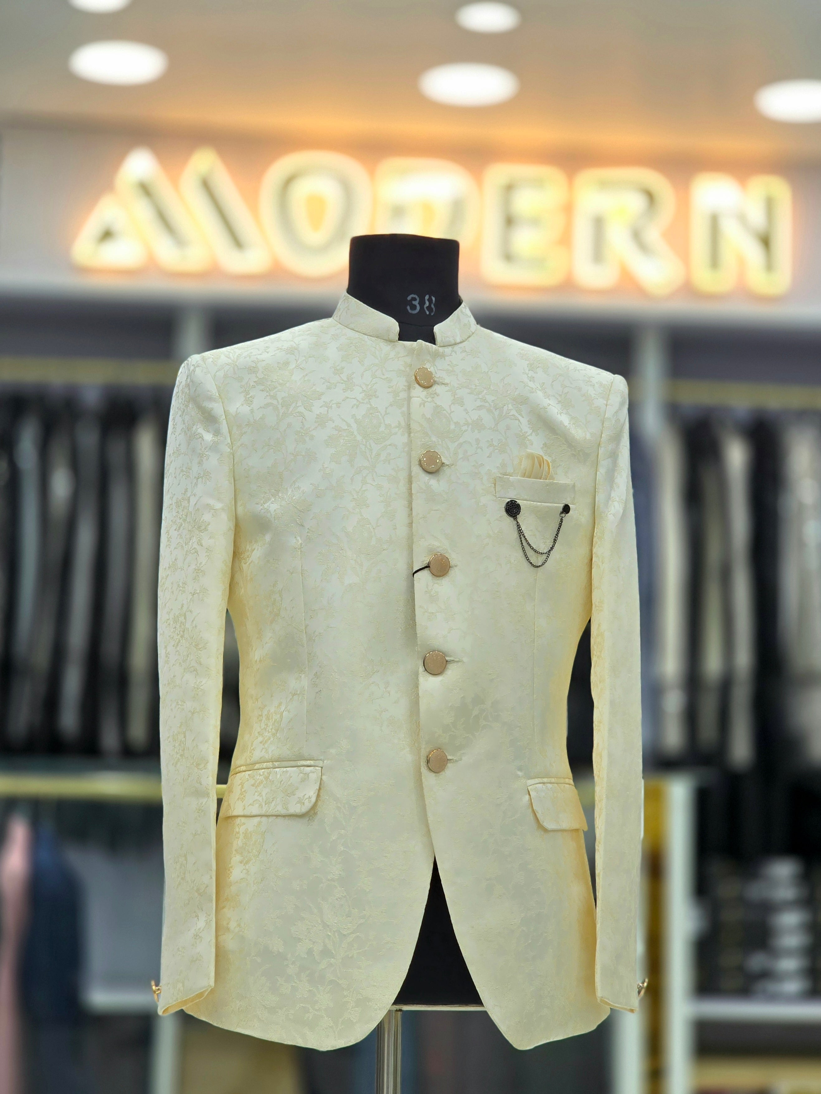 Classic cream colour Jodhpuri blazer with floral pattern and pants
