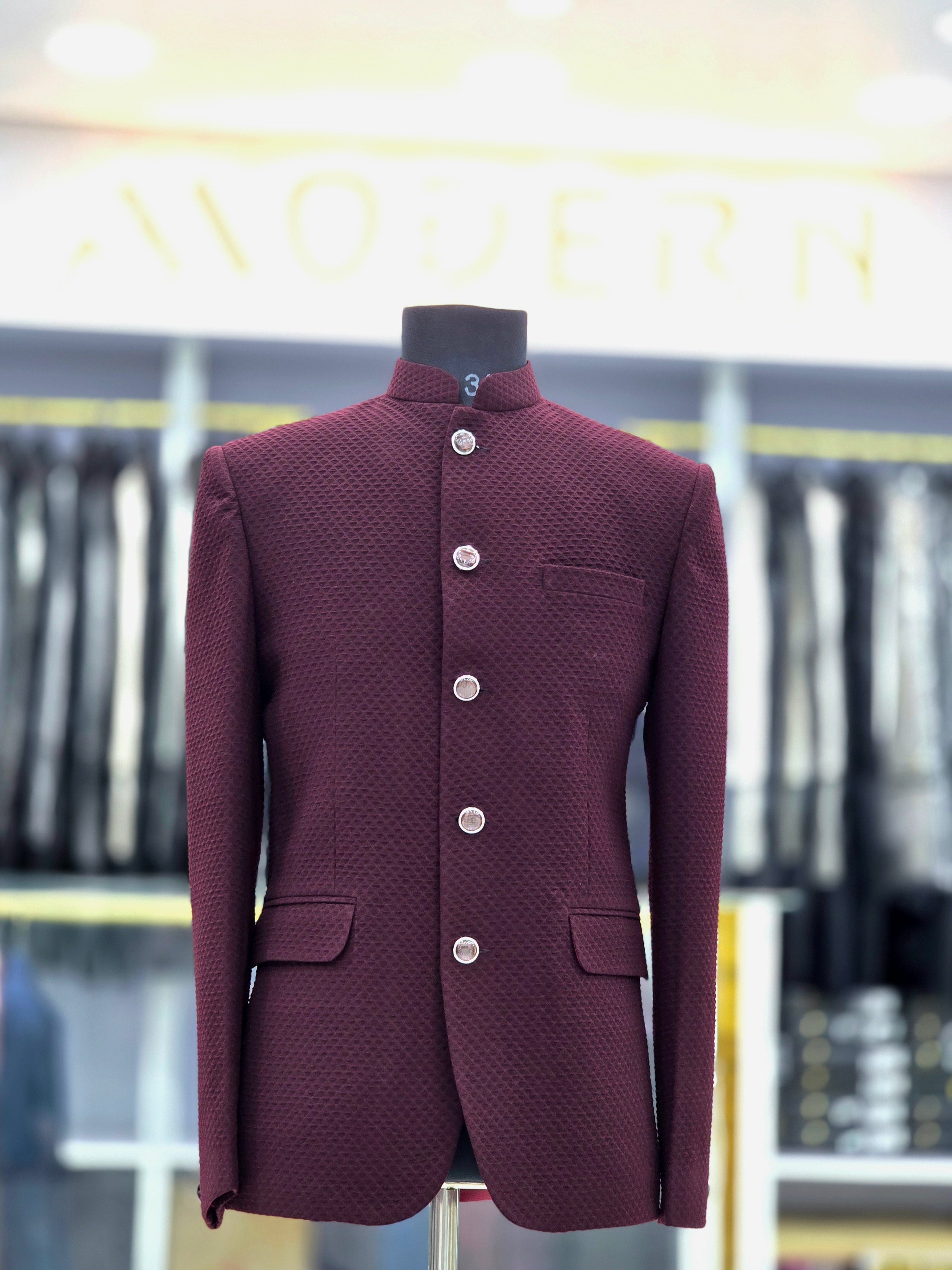 Solid wine colour self design Jodhpuri blazer