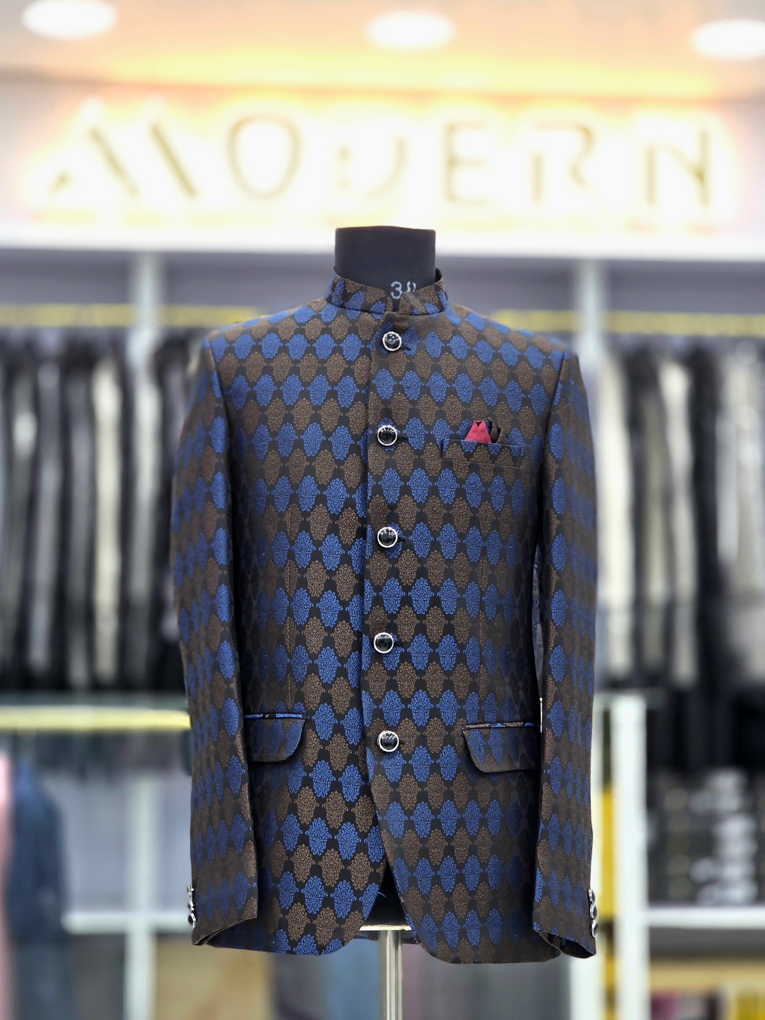 Royal blue brown colour block self design Jodhpuri blazer