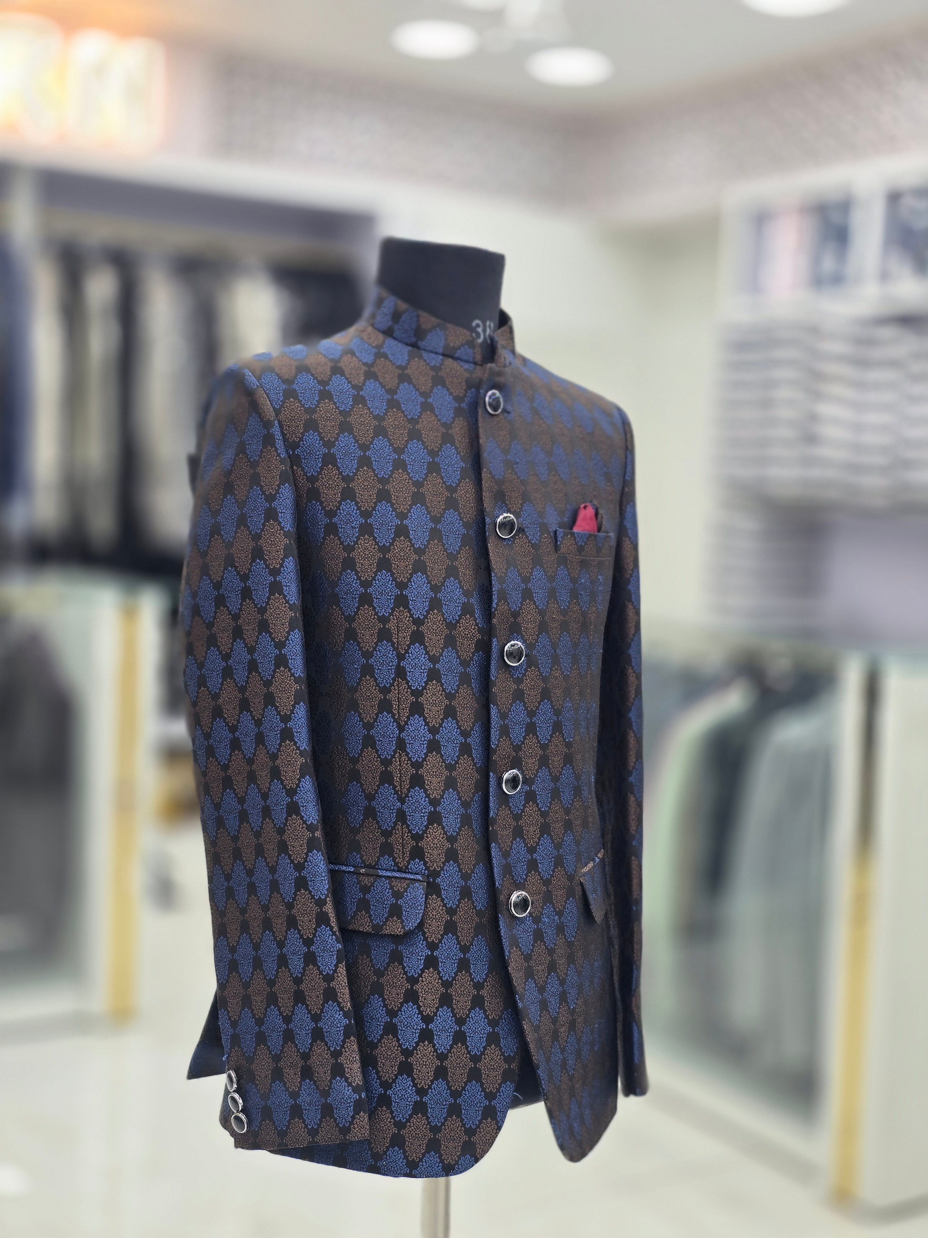Royal blue brown colour block self design Jodhpuri blazer