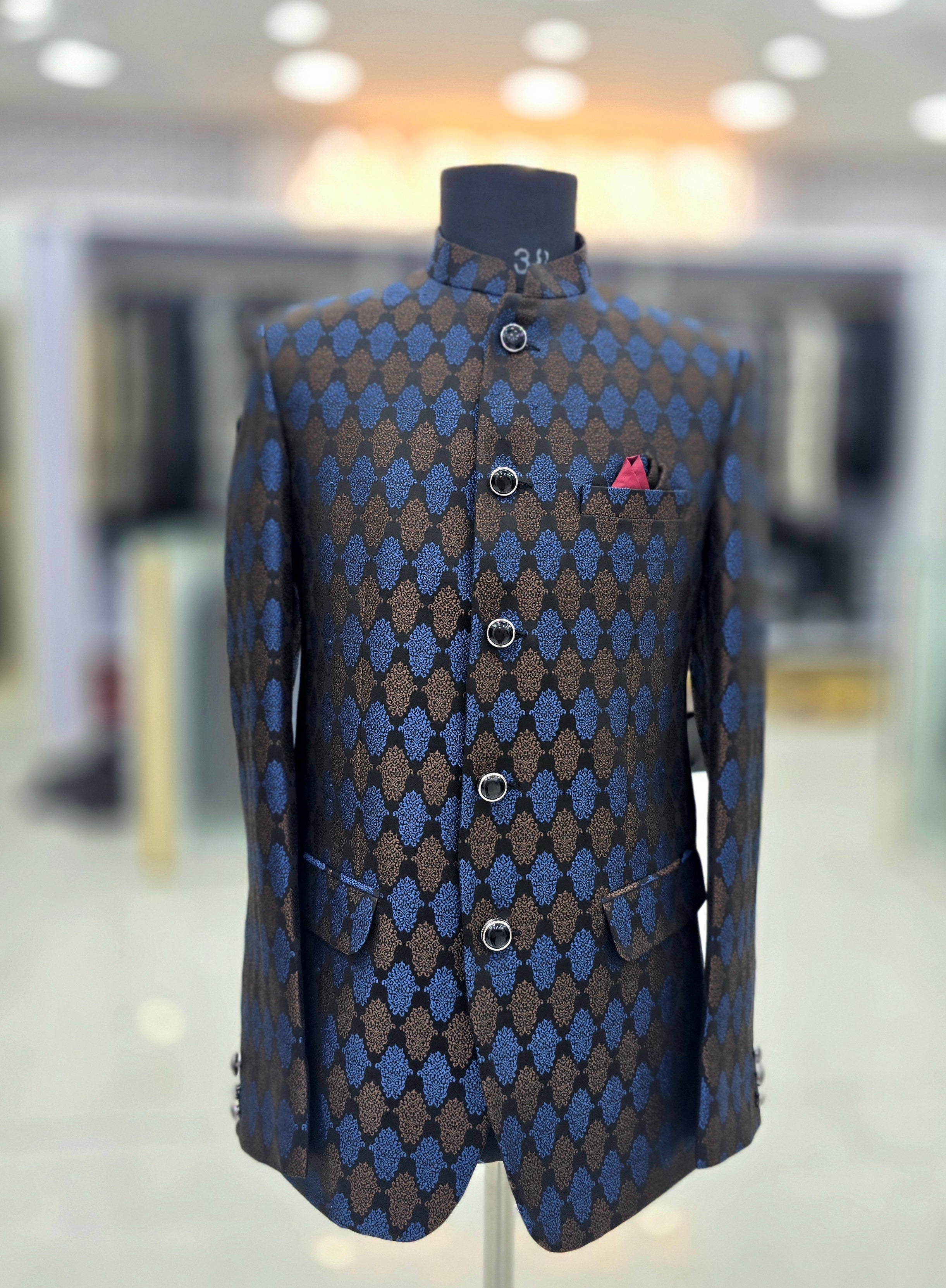 Royal blue brown colour block self design Jodhpuri blazer