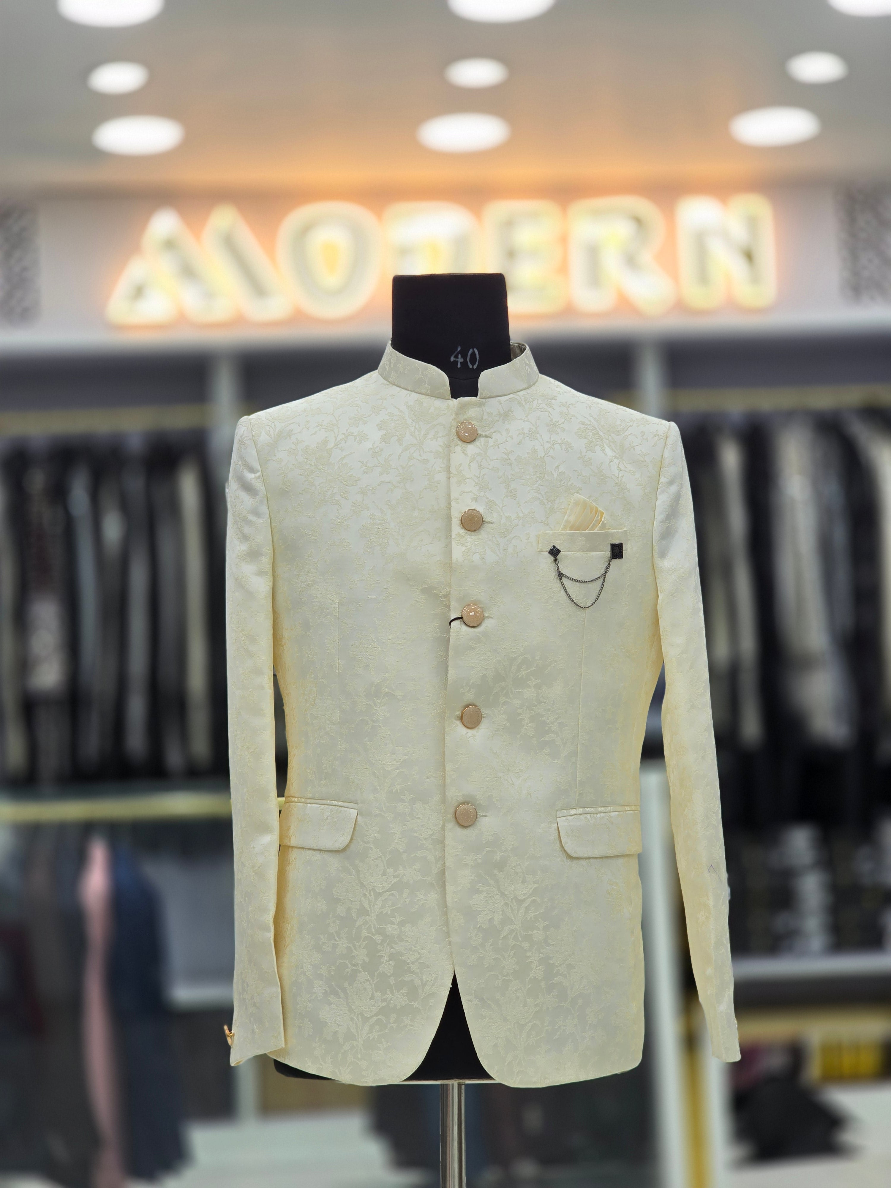 Classic cream colour Jodhpuri blazer with floral pattern and pants