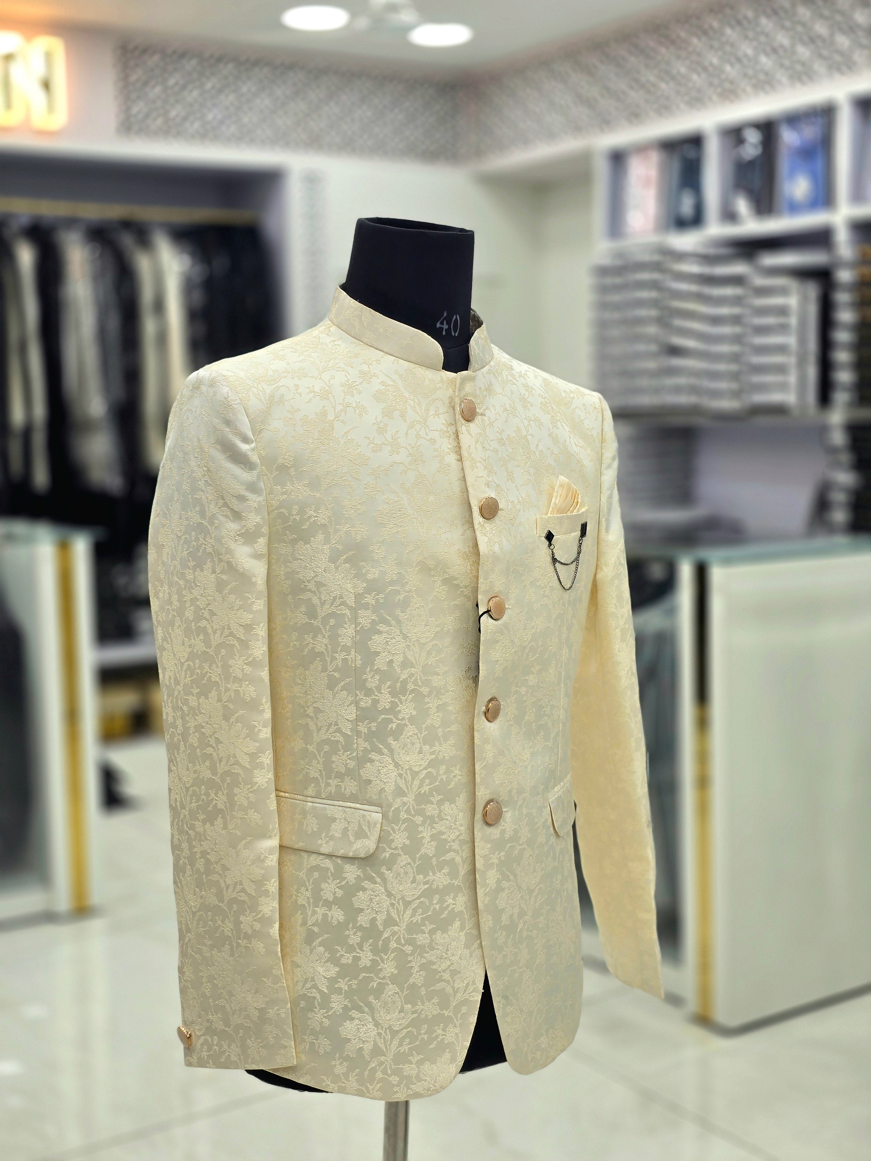 Classic cream colour Jodhpuri blazer with floral pattern and pants