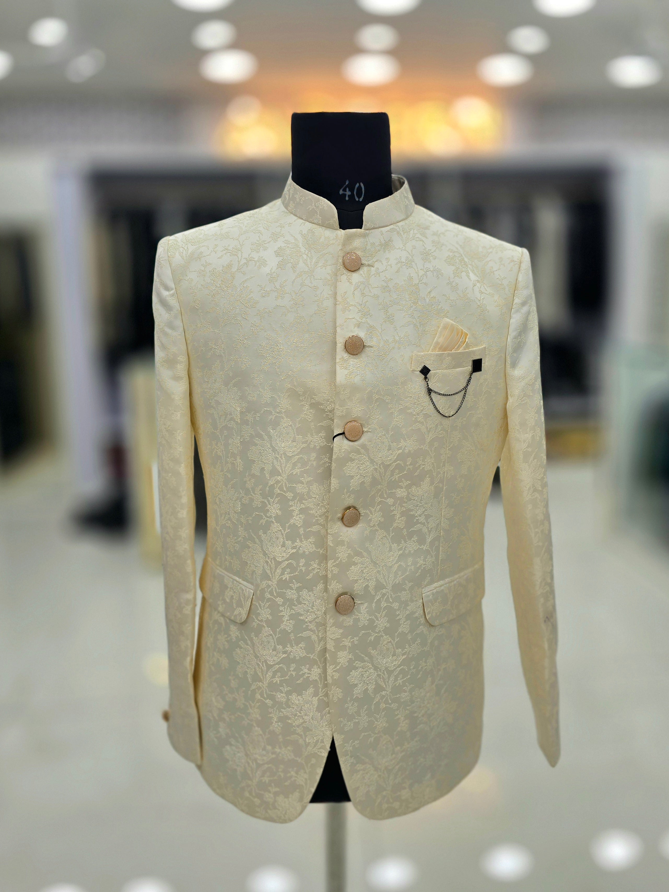 Classic cream colour Jodhpuri blazer with floral pattern and pants