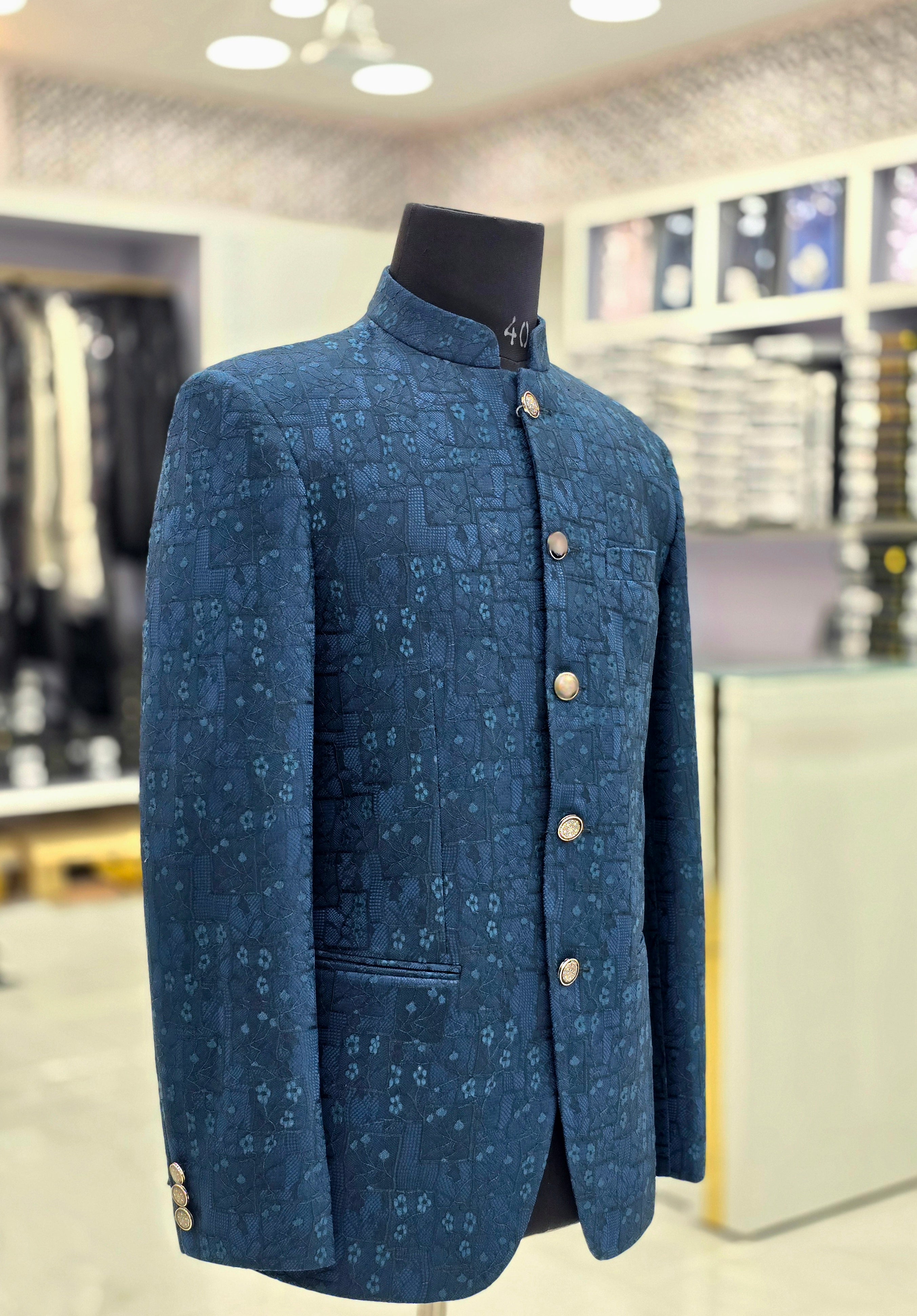 Elegant blue coloured floral design self pattern Jodhpuri blazer