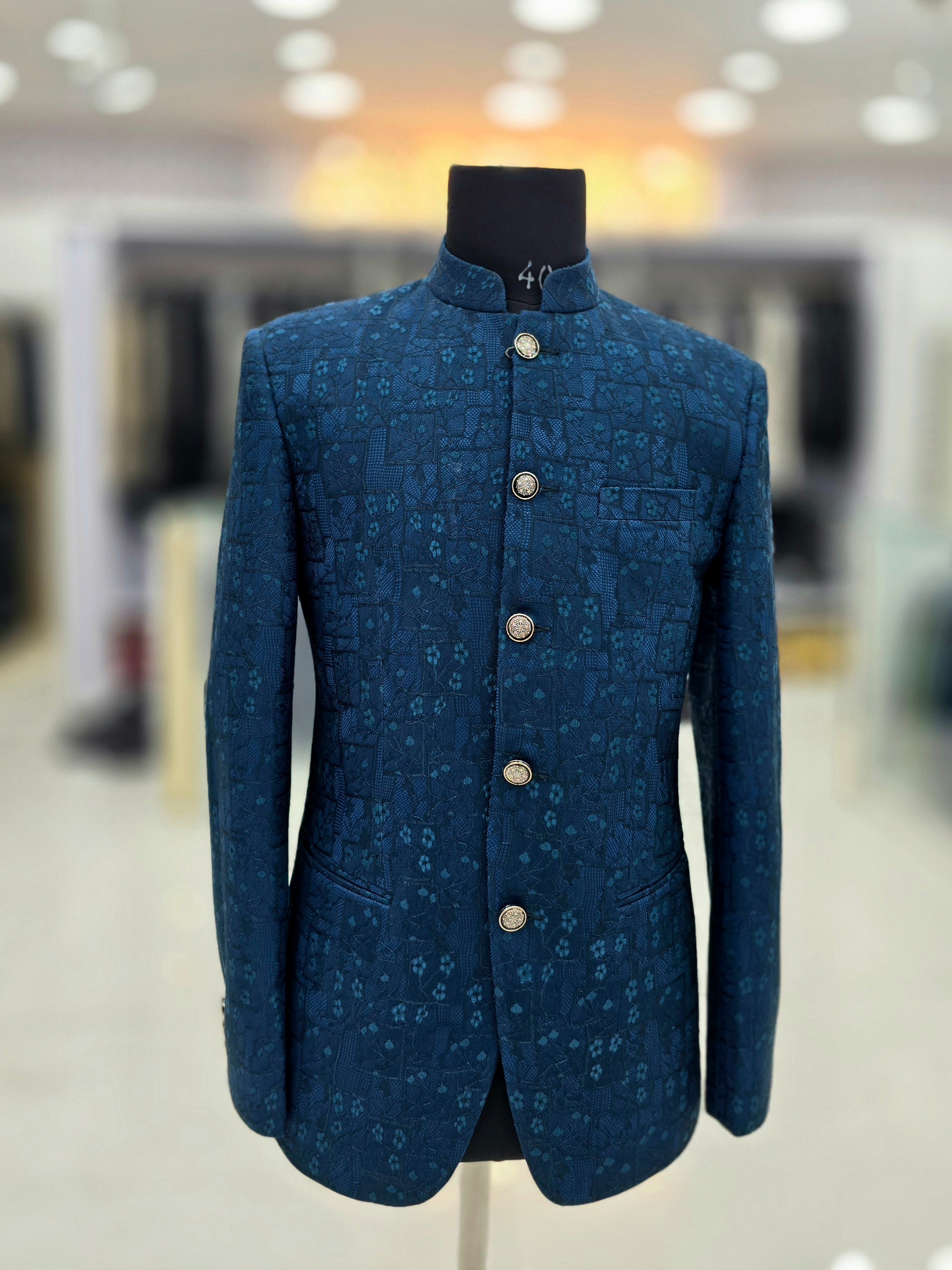 Elegant blue coloured floral design self pattern Jodhpuri blazer
